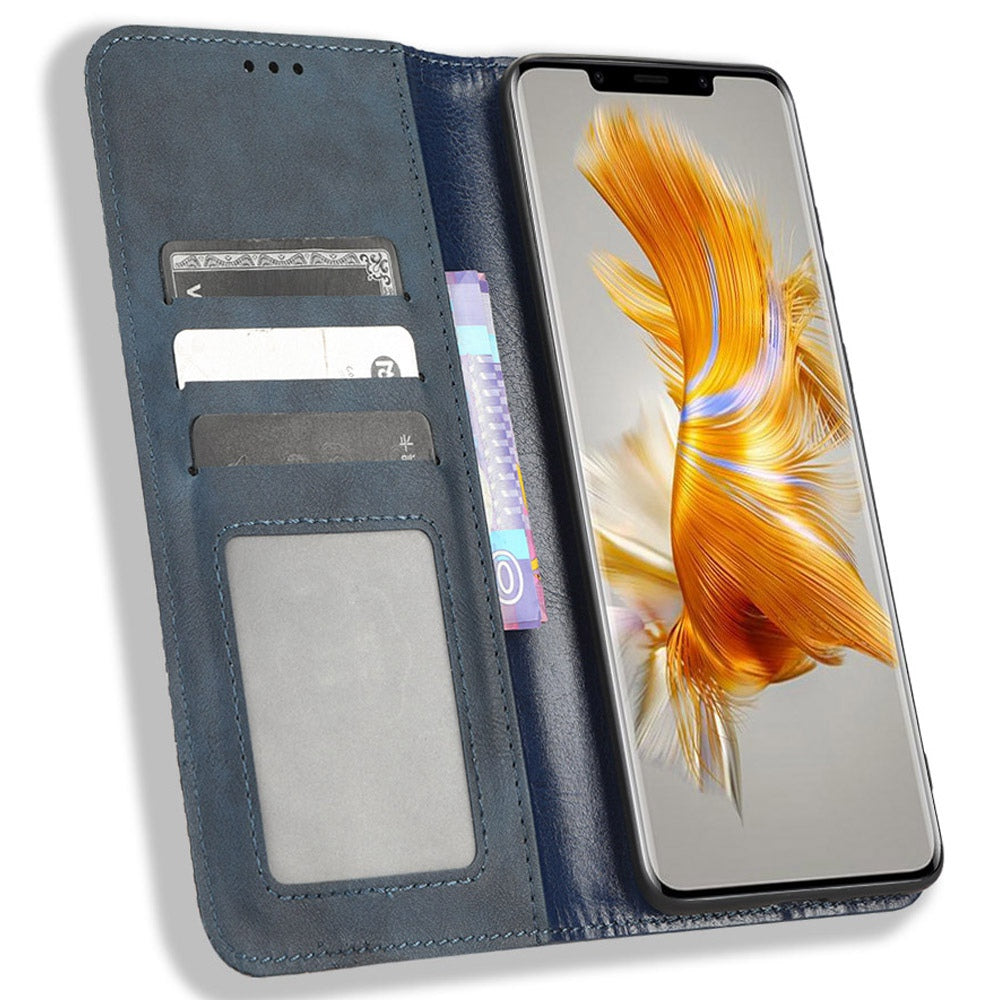 For Huawei Mate 50 Pro 4G Protective Case, Vintage Texture Magnetic Auto-absorbed PU Leather Case Wallet Stand Phone Cover