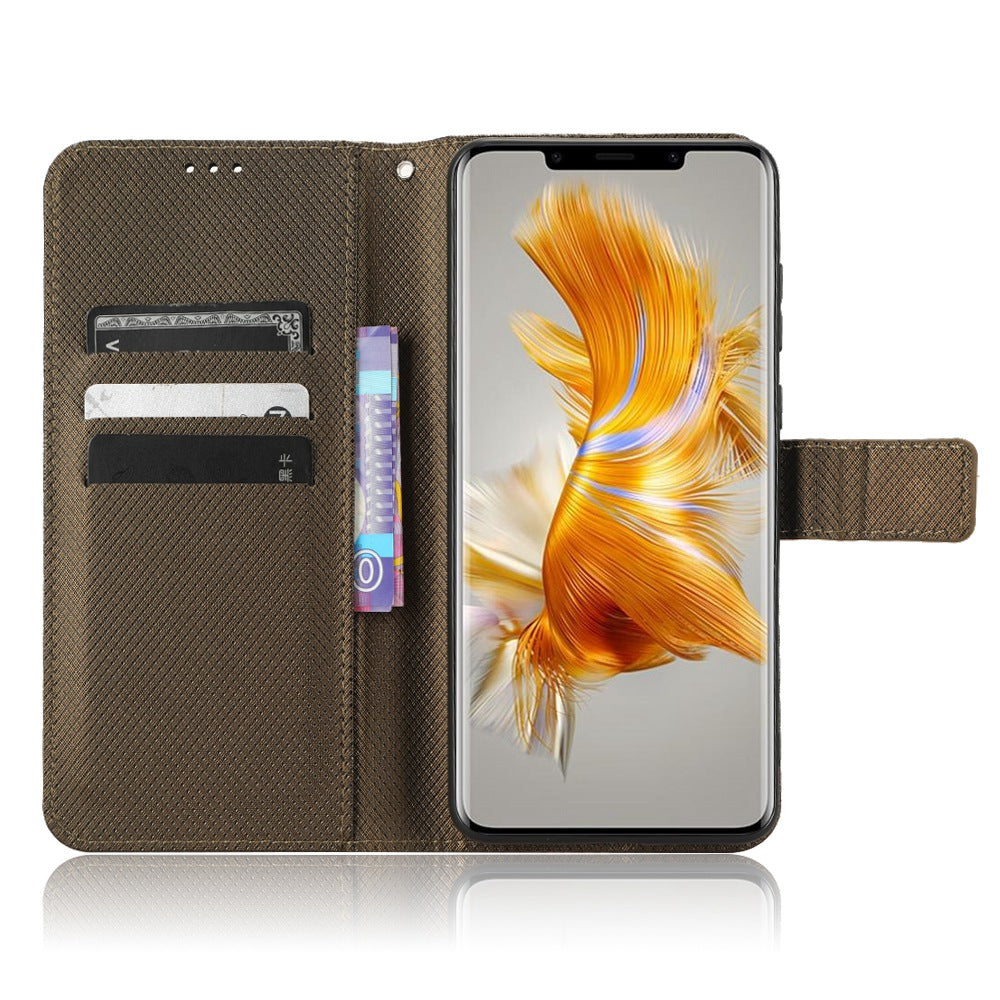 For Huawei Mate 50 Pro 4G Diamond Texture Phone Wallet Cover Anti-fingerprint PU Leather Hands-free Stand Case