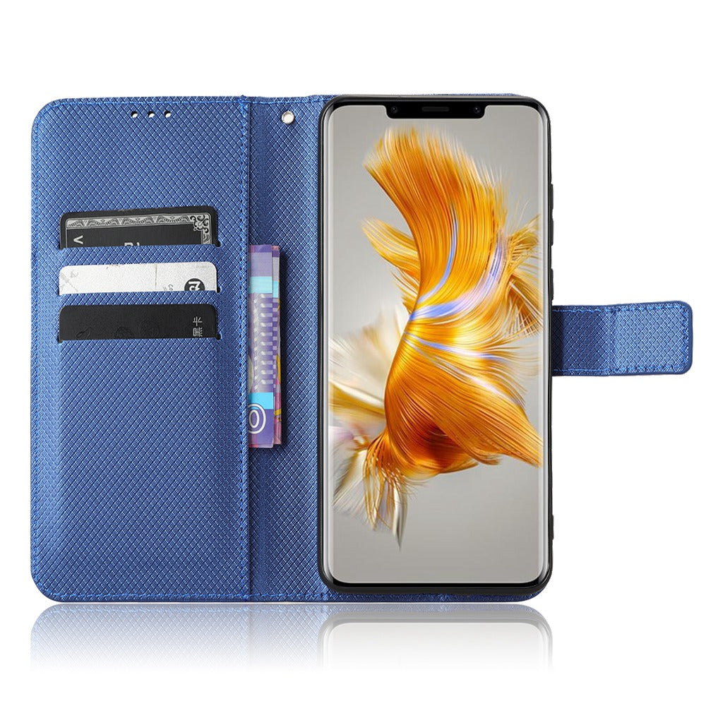 For Huawei Mate 50 Pro 4G Diamond Texture Phone Wallet Cover Anti-fingerprint PU Leather Hands-free Stand Case