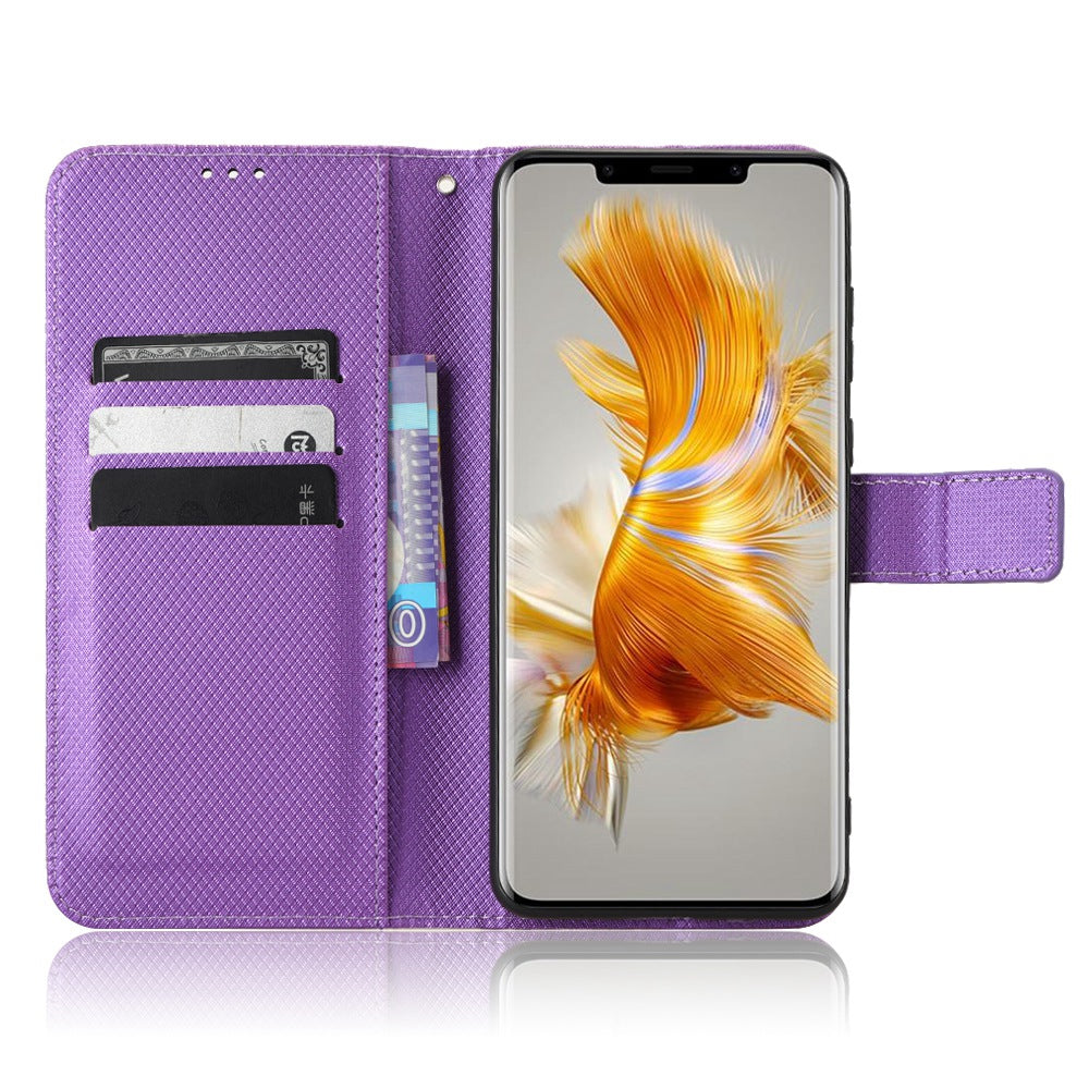 For Huawei Mate 50 Pro 4G Diamond Texture Phone Wallet Cover Anti-fingerprint PU Leather Hands-free Stand Case