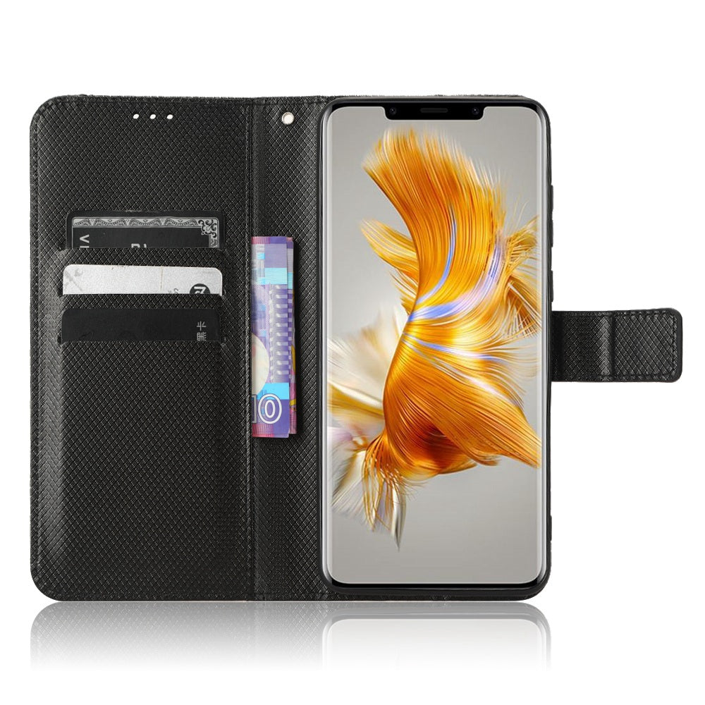 For Huawei Mate 50 Pro 4G Diamond Texture Phone Wallet Cover Anti-fingerprint PU Leather Hands-free Stand Case