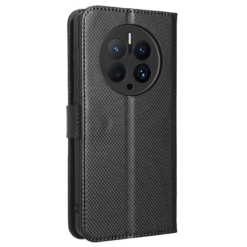 For Huawei Mate 50 Pro 4G Diamond Texture Phone Wallet Cover Anti-fingerprint PU Leather Hands-free Stand Case