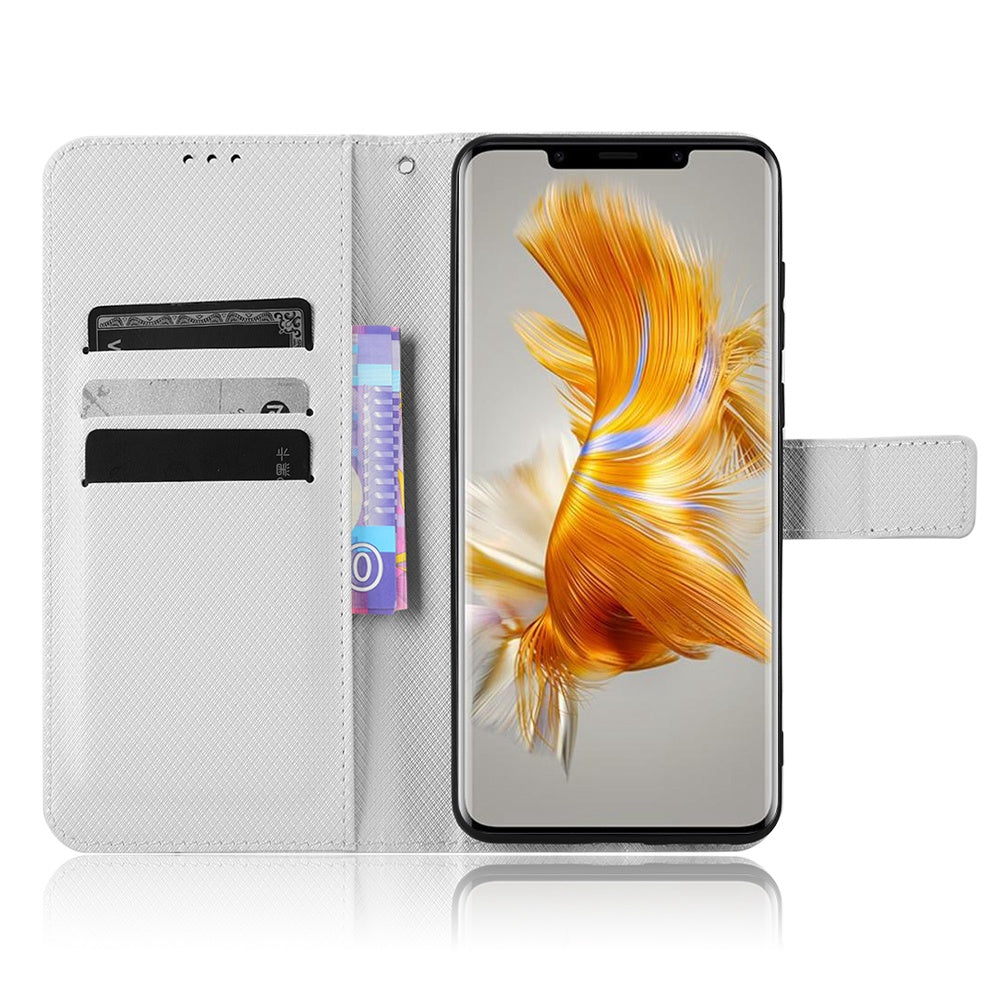 For Huawei Mate 50 Pro 4G Diamond Texture Phone Wallet Cover Anti-fingerprint PU Leather Hands-free Stand Case