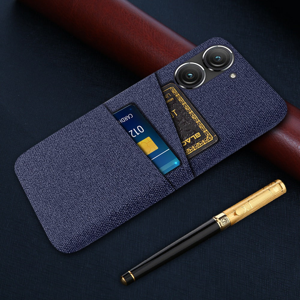 For Asus Zenfone 9 5G Drop-proof Cloth Texture Phone Case with Dual Card Slots Scratch Resistant PC Protective Cover