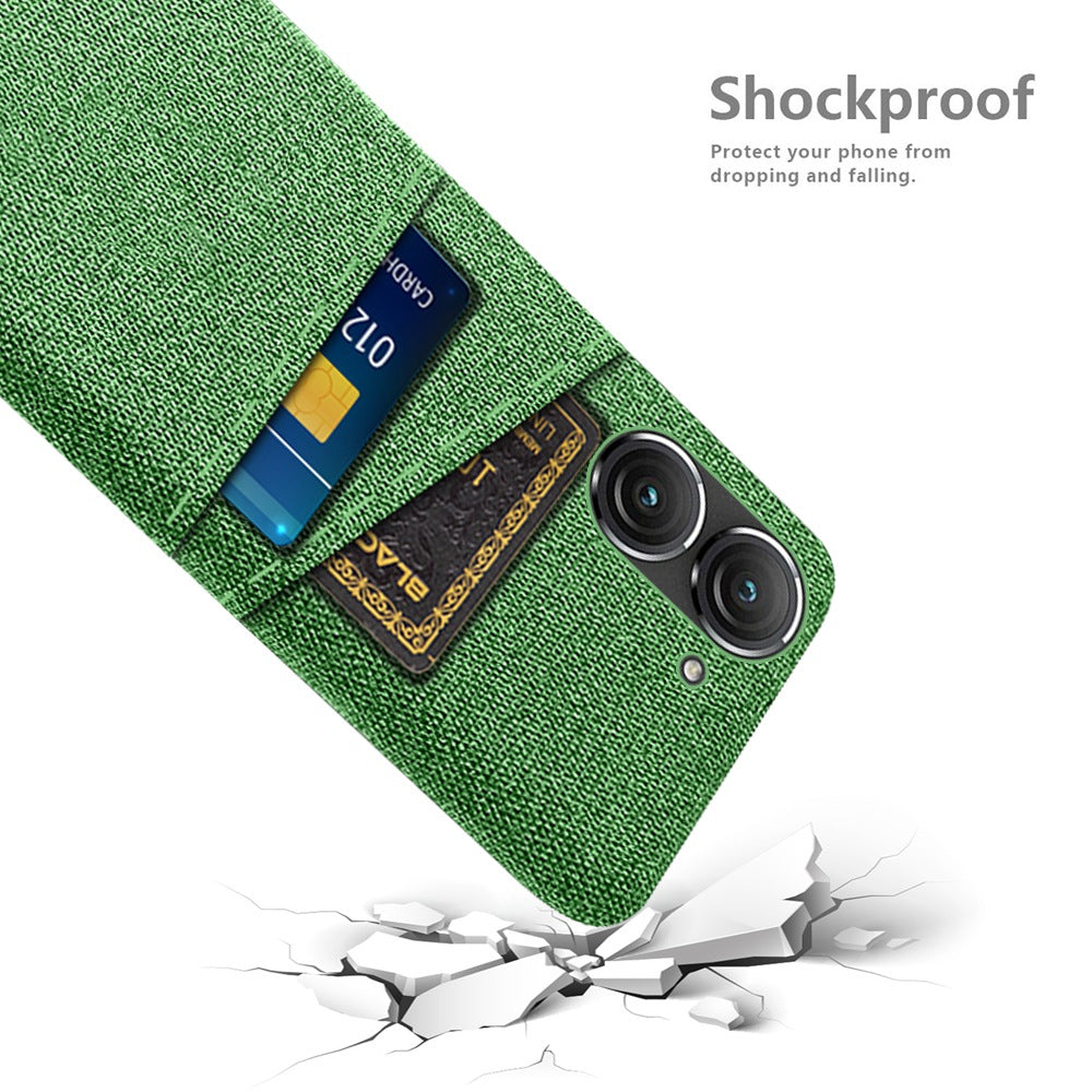 For Asus Zenfone 9 5G Drop-proof Cloth Texture Phone Case with Dual Card Slots Scratch Resistant PC Protective Cover