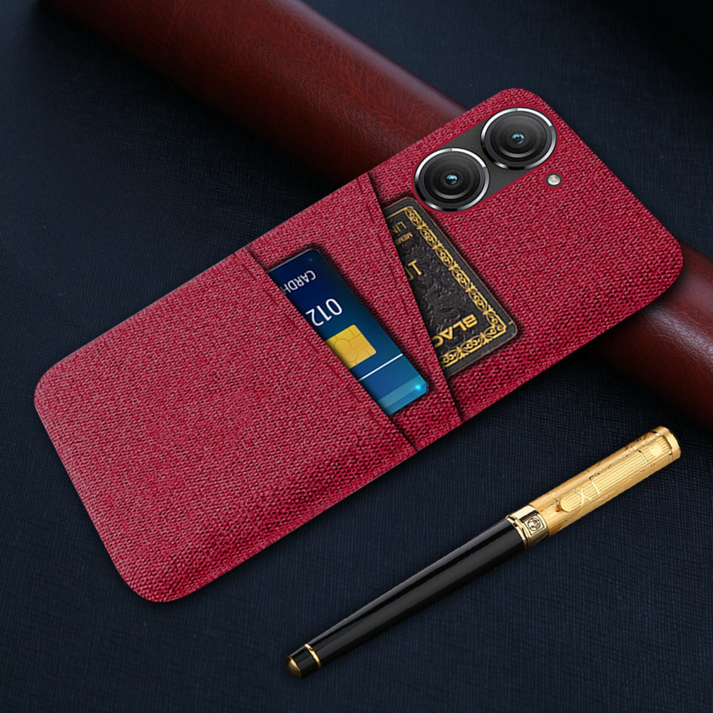 For Asus Zenfone 9 5G Drop-proof Cloth Texture Phone Case with Dual Card Slots Scratch Resistant PC Protective Cover