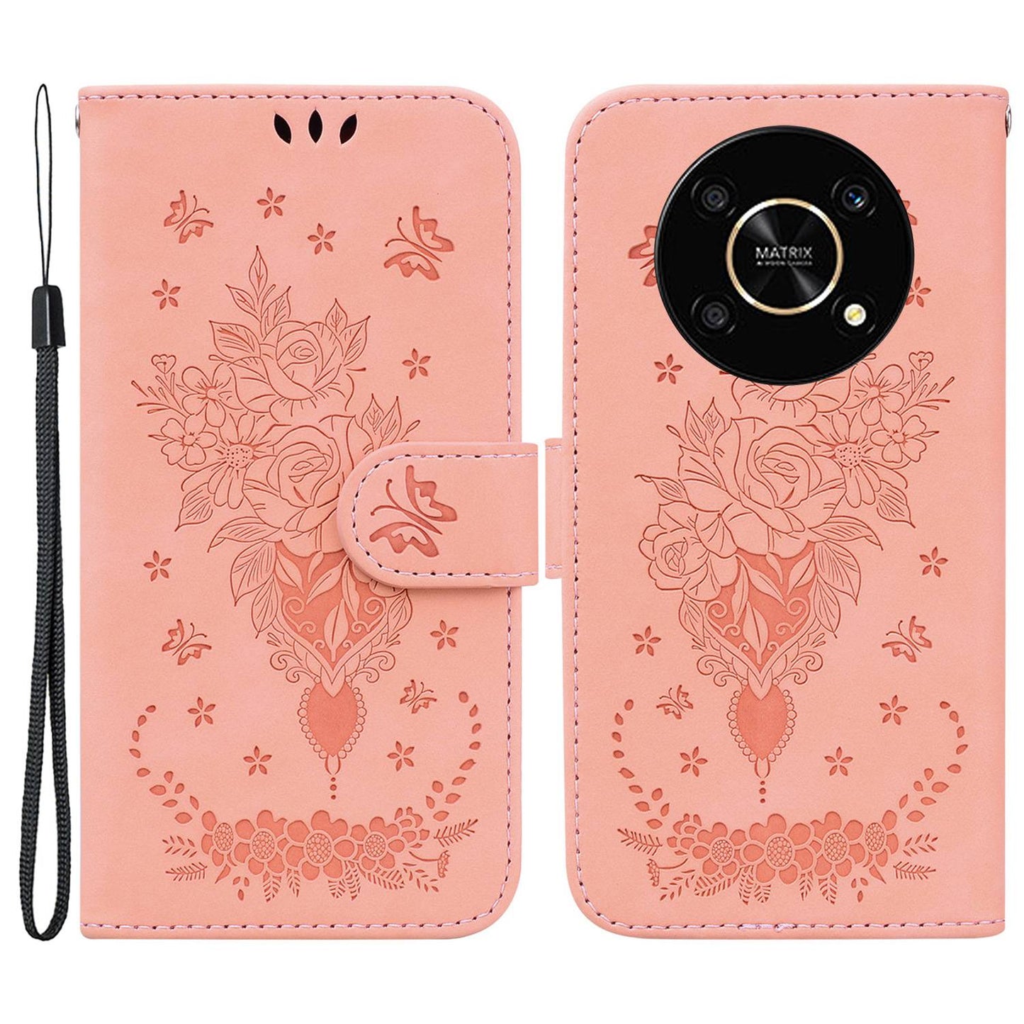 For Honor X9 4G / 5G Imprinted Rose Butterfly Leather Flip Phone Case Stand Magnetic Protective Wallet Cover with Strap
