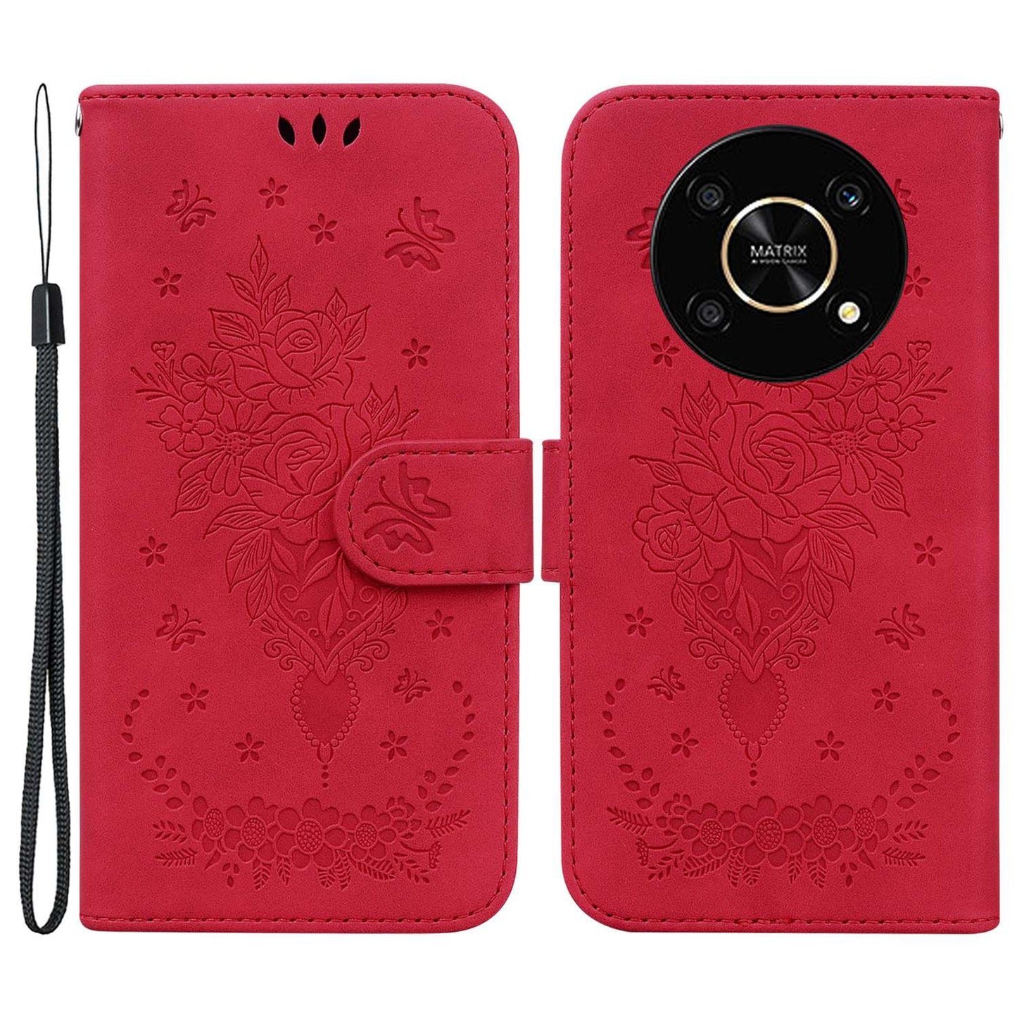 For Honor X9 4G / 5G Imprinted Rose Butterfly Leather Flip Phone Case Stand Magnetic Protective Wallet Cover with Strap