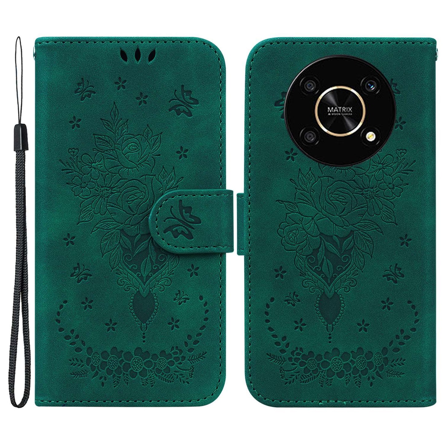 For Honor X9 4G / 5G Imprinted Rose Butterfly Leather Flip Phone Case Stand Magnetic Protective Wallet Cover with Strap