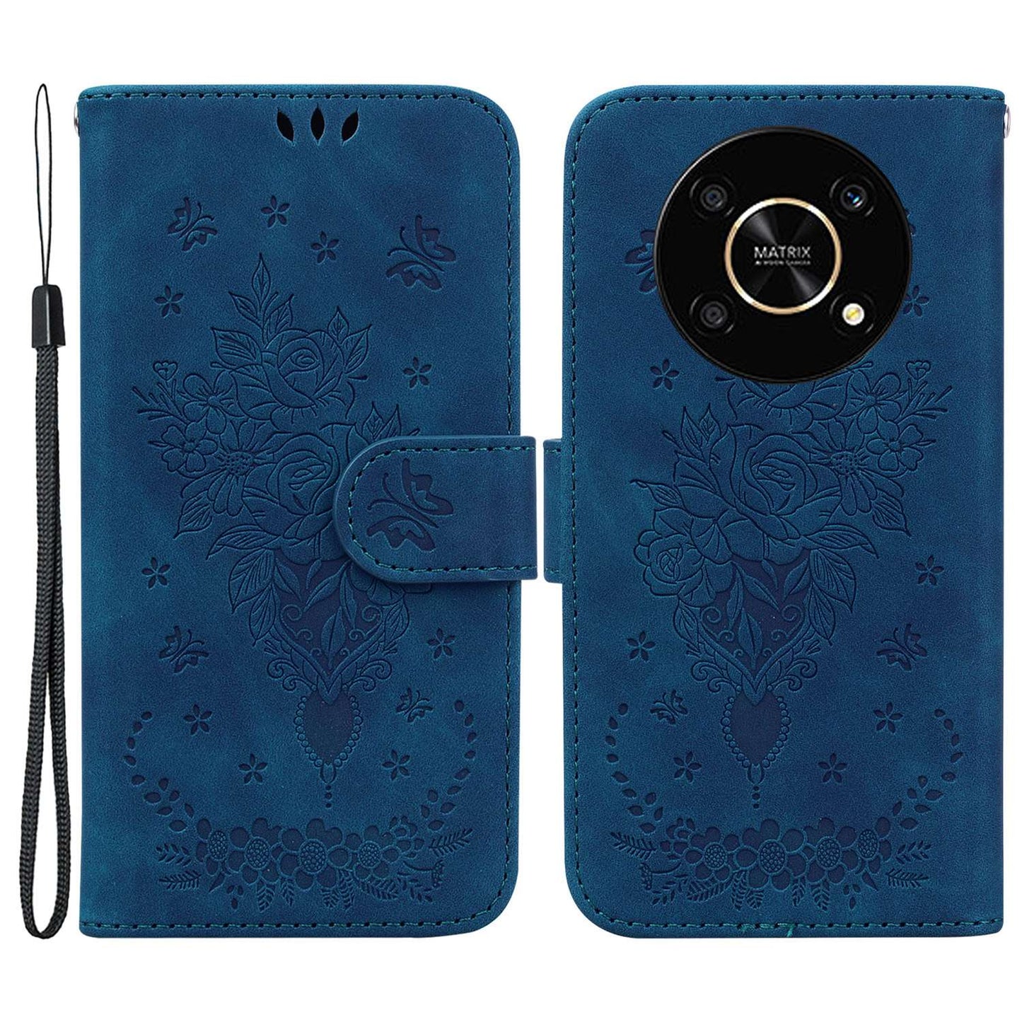 For Honor X9 4G / 5G Imprinted Rose Butterfly Leather Flip Phone Case Stand Magnetic Protective Wallet Cover with Strap