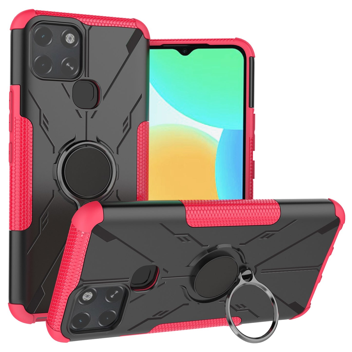 For Infinix Smart 6 Anti-drop Phone Case Ring Kickstand PC + TPU 2-in-1 Wear-resistant Honeycomb Texture Phone Back Cover