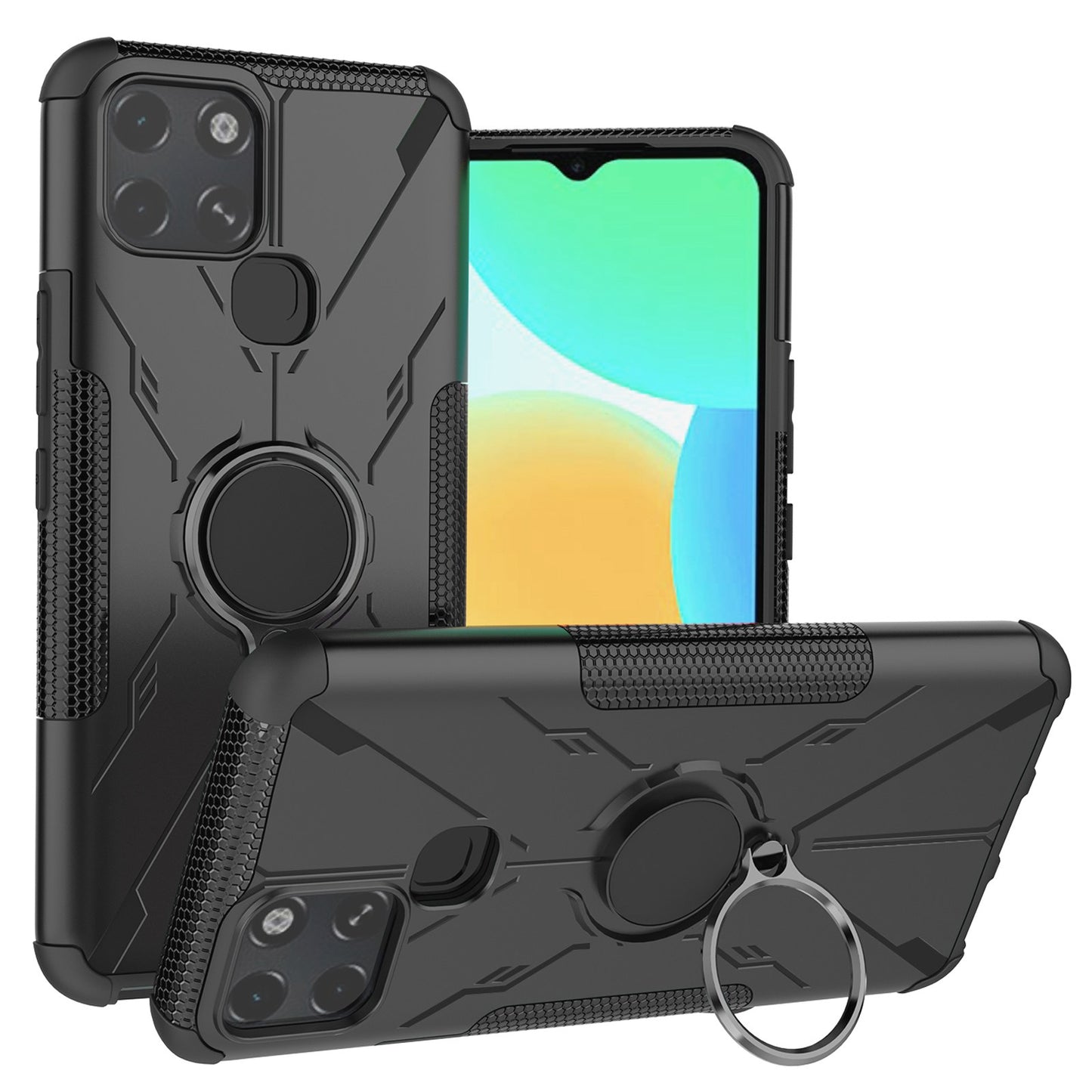 For Infinix Smart 6 Anti-drop Phone Case Ring Kickstand PC + TPU 2-in-1 Wear-resistant Honeycomb Texture Phone Back Cover