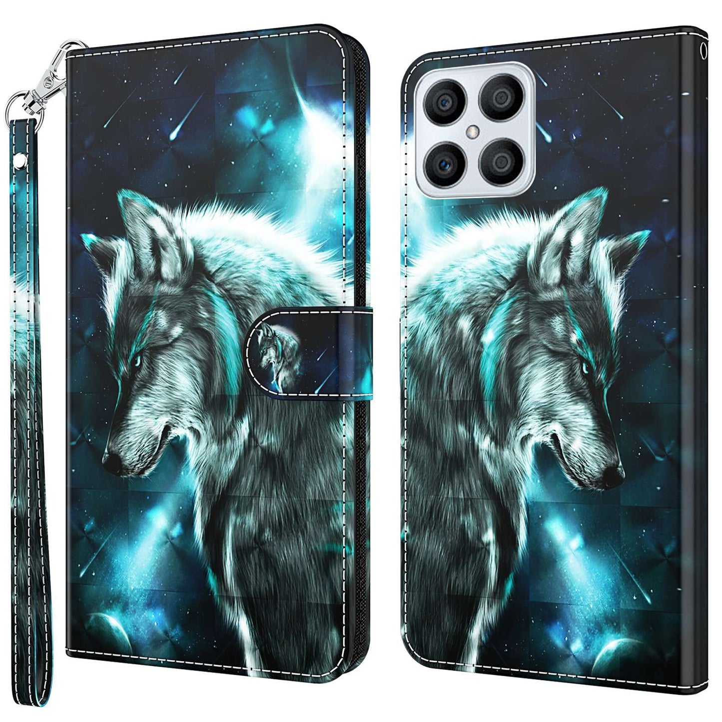 For Honor X8 4G PU Leather Folio Flip Wallet Phone Case Stand Function 3D Creative Pattern Printed Design Full-Body Protective Cover with Strap