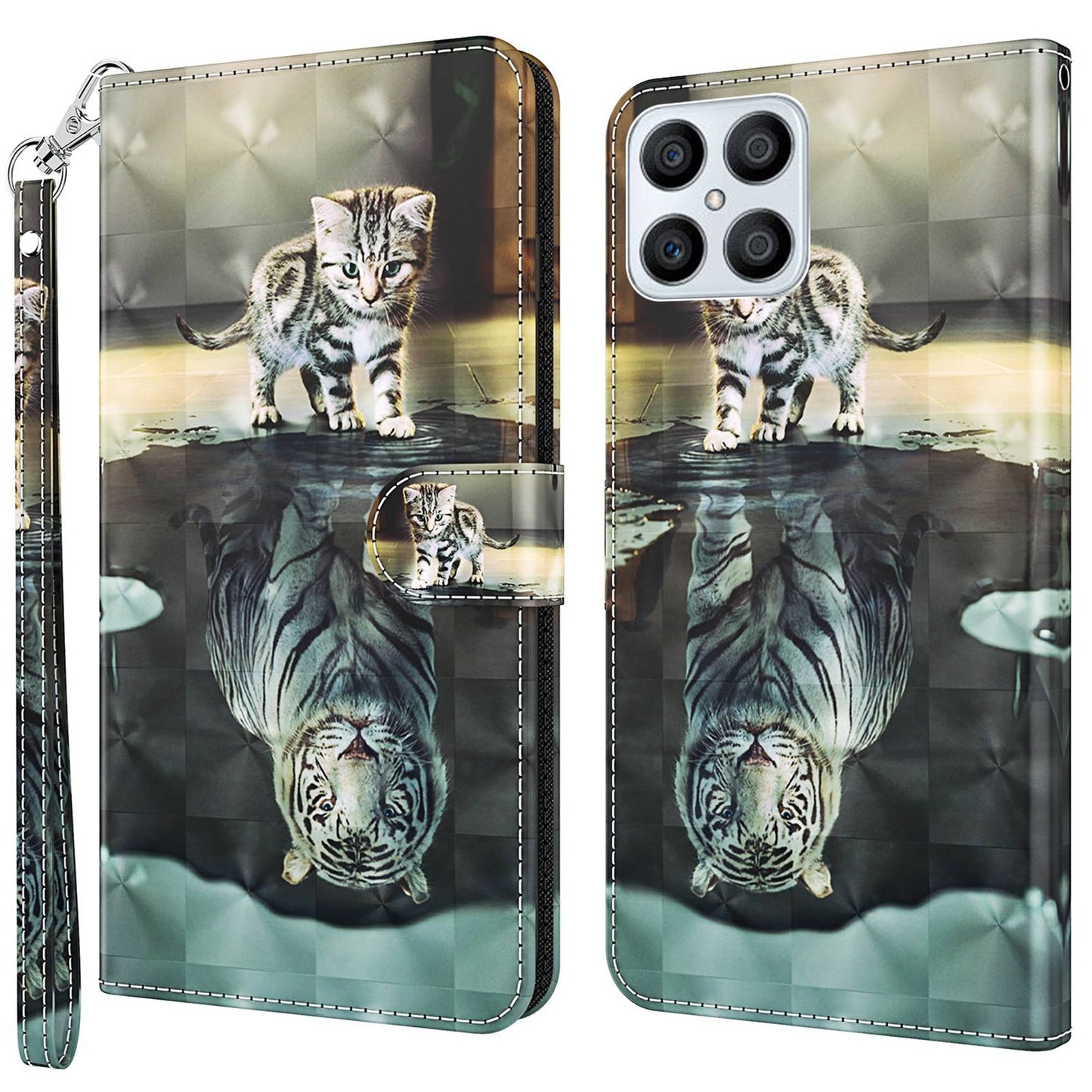 For Honor X8 4G PU Leather Folio Flip Wallet Phone Case Stand Function 3D Creative Pattern Printed Design Full-Body Protective Cover with Strap