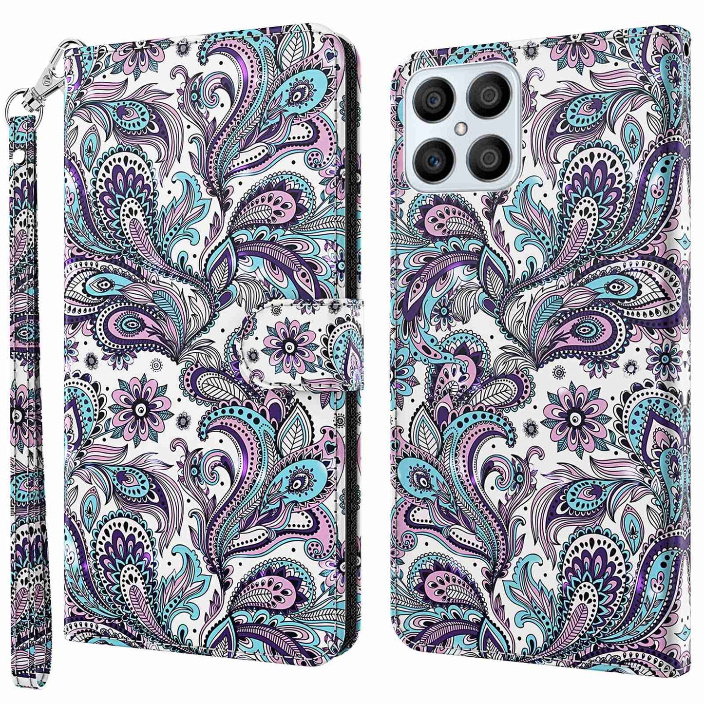 For Honor X8 4G PU Leather Folio Flip Wallet Phone Case Stand Function 3D Creative Pattern Printed Design Full-Body Protective Cover with Strap