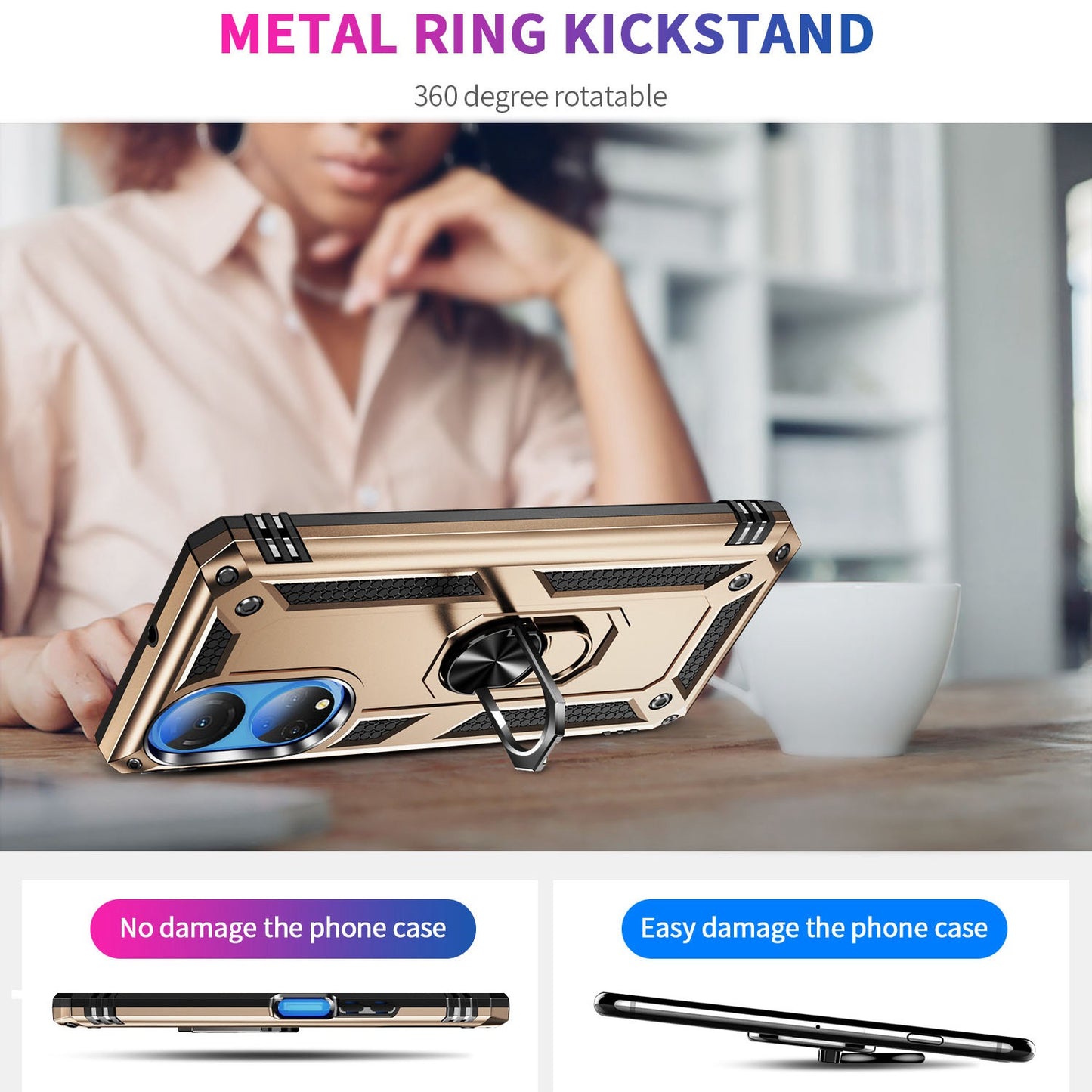 For Honor X7 Military Grade Protective Case Ring Kickstand Hybrid PC + TPU Shockproof Phone Cover