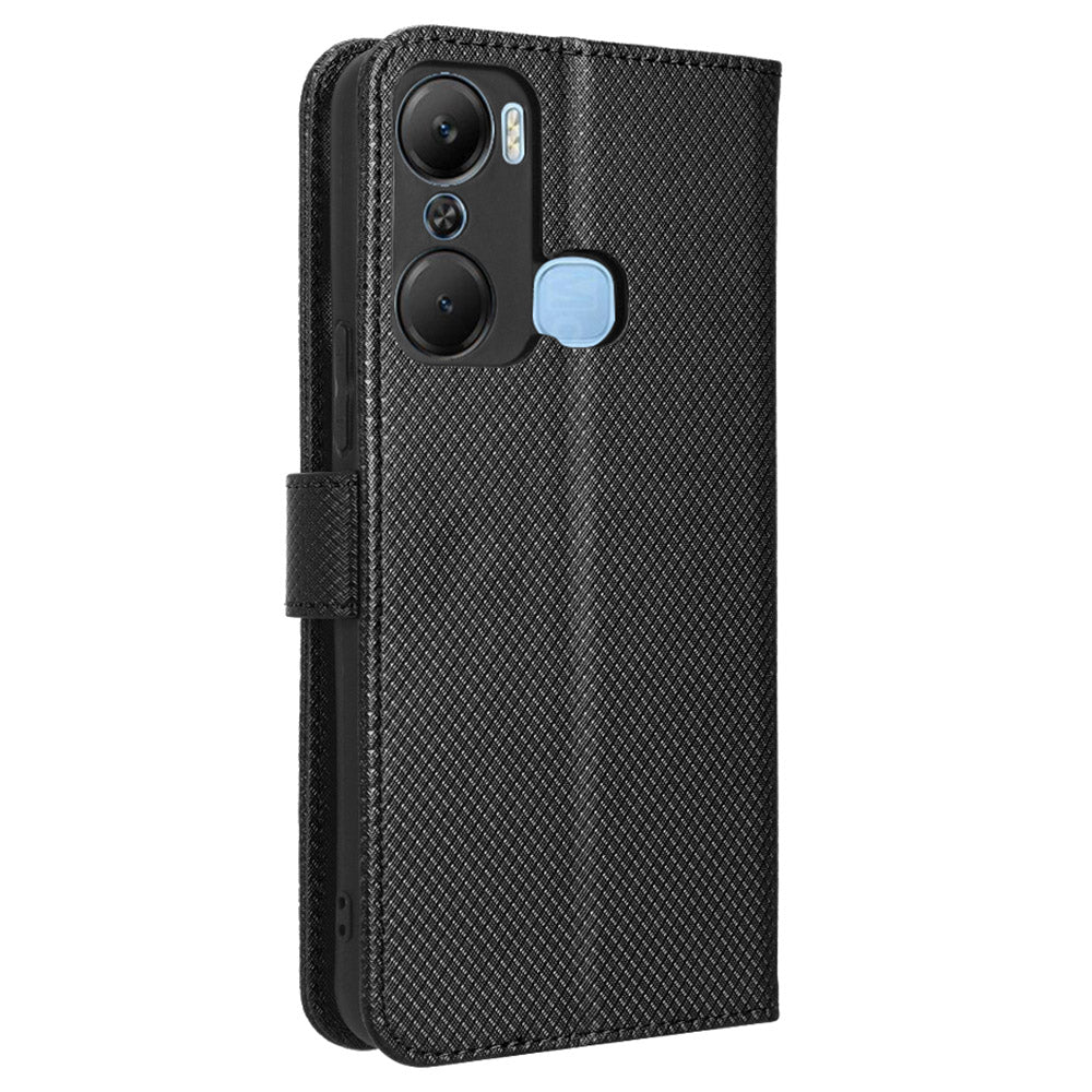 For Infinix Hot 12 Pro 4G X668C PU Leather Flip Folio Case Diamond Texture Stand Soft TPU Inner Shell Phone Cover with Strap
