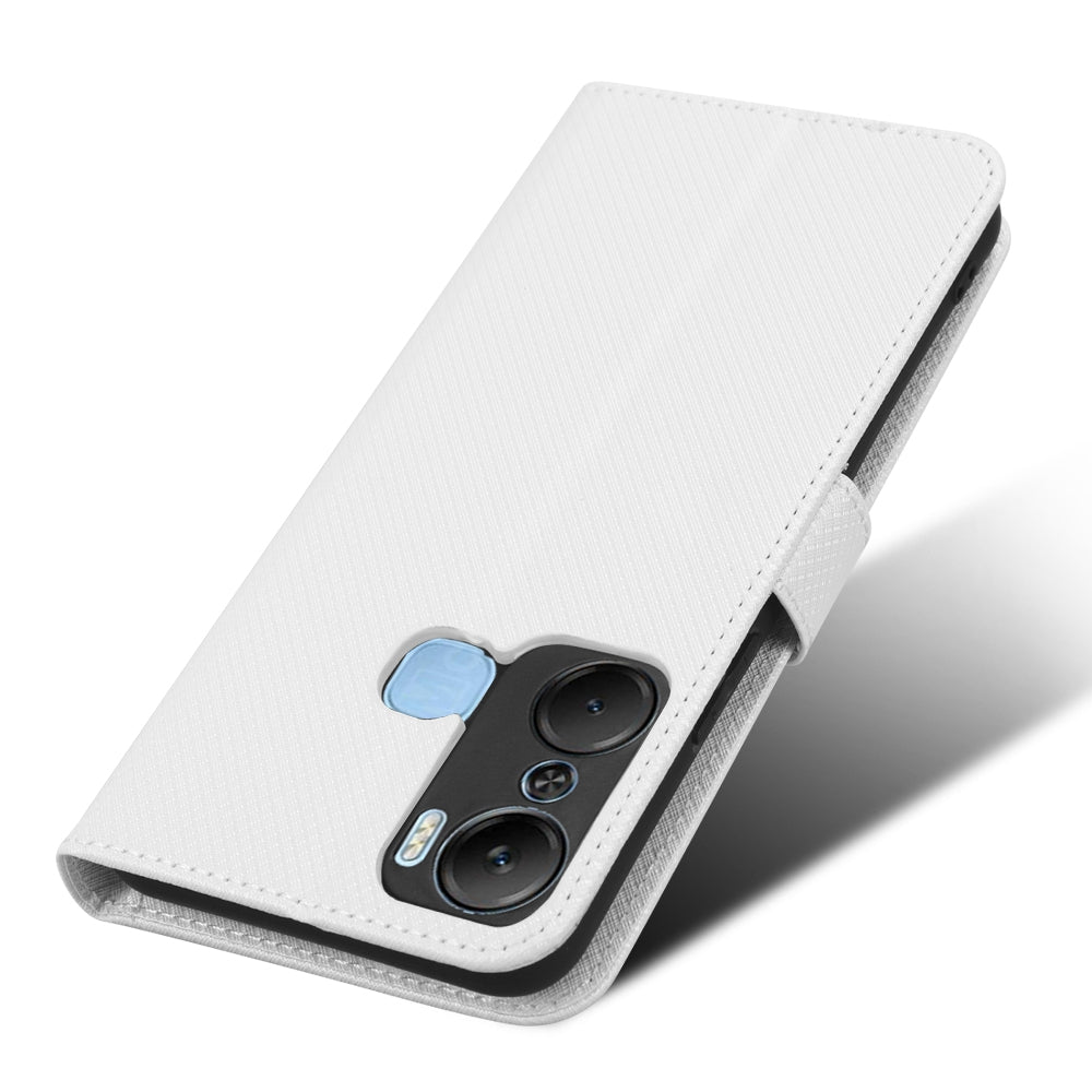 For Infinix Hot 12 Pro 4G X668C PU Leather Flip Folio Case Diamond Texture Stand Soft TPU Inner Shell Phone Cover with Strap