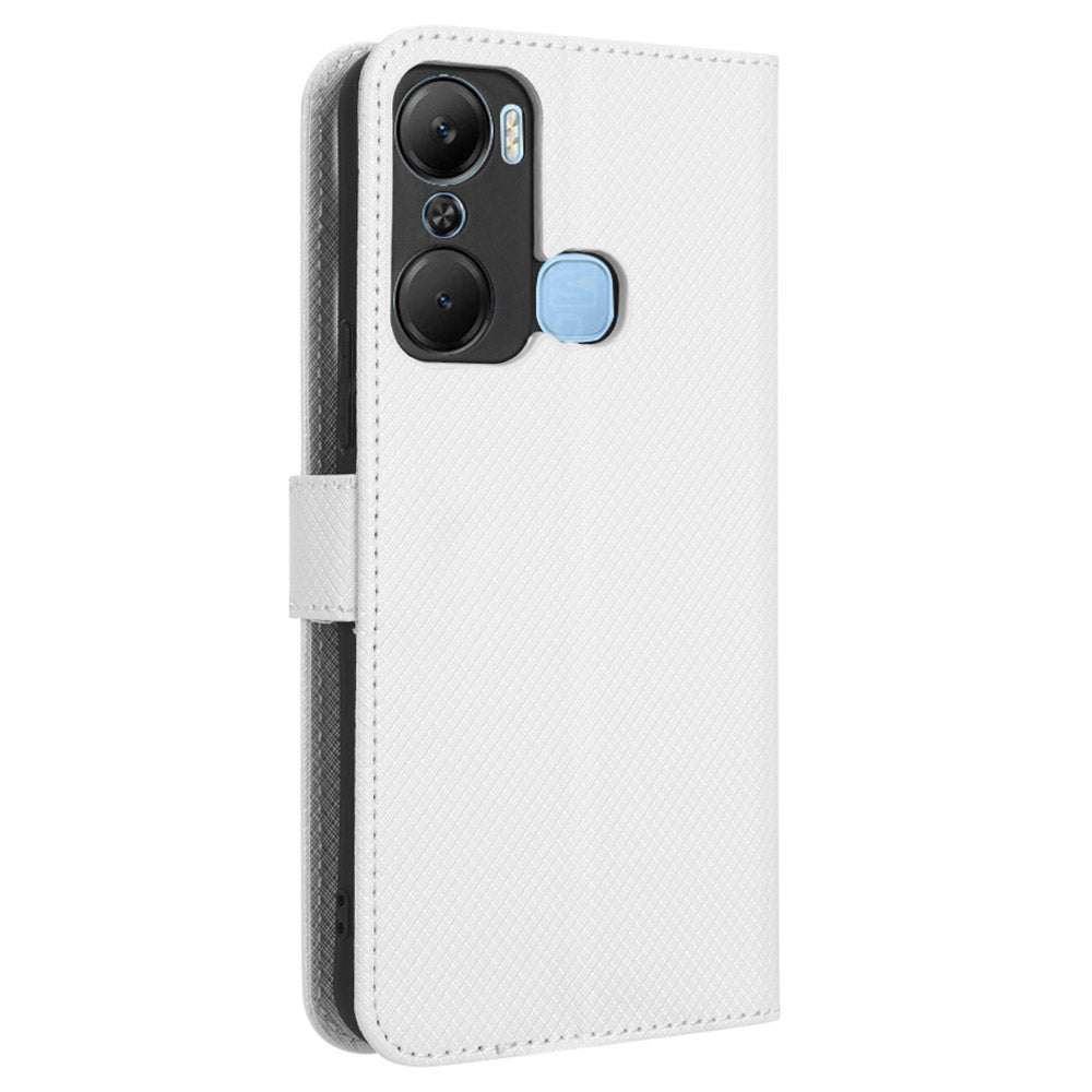 For Infinix Hot 12 Pro 4G X668C PU Leather Flip Folio Case Diamond Texture Stand Soft TPU Inner Shell Phone Cover with Strap