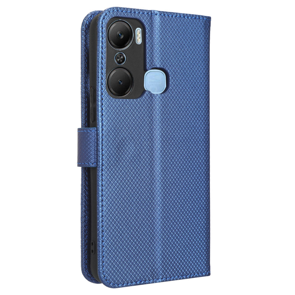 For Infinix Hot 12 Pro 4G X668C PU Leather Flip Folio Case Diamond Texture Stand Soft TPU Inner Shell Phone Cover with Strap