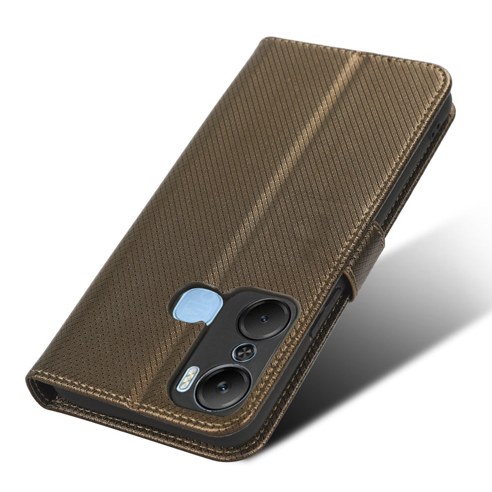 For Infinix Hot 12 Pro 4G X668C PU Leather Flip Folio Case Diamond Texture Stand Soft TPU Inner Shell Phone Cover with Strap