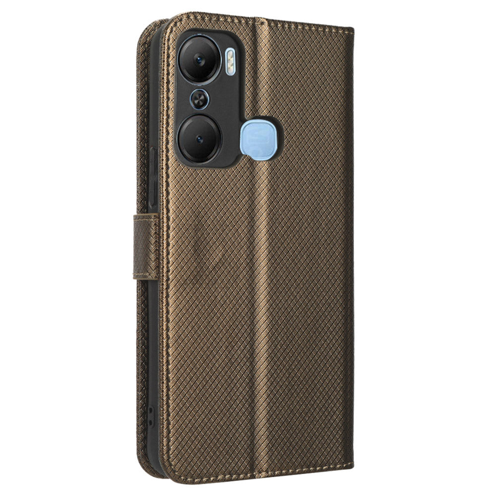 For Infinix Hot 12 Pro 4G X668C PU Leather Flip Folio Case Diamond Texture Stand Soft TPU Inner Shell Phone Cover with Strap