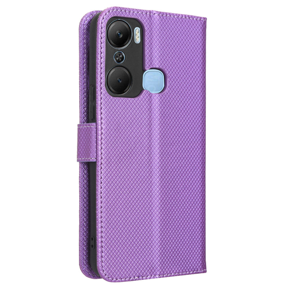 For Infinix Hot 12 Pro 4G X668C PU Leather Flip Folio Case Diamond Texture Stand Soft TPU Inner Shell Phone Cover with Strap