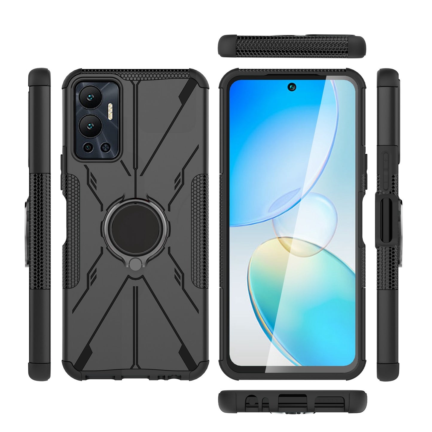 For Infinix Hot 12 4G Hard PC Soft TPU Impact-Resistant Cover Ring Car Mount Kickstand Shockproof Protective Phone Case