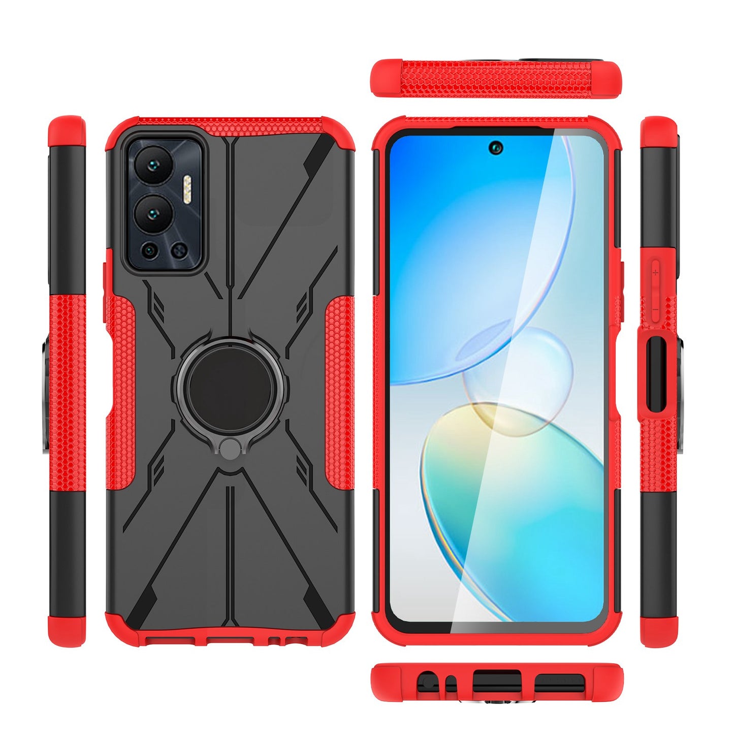 For Infinix Hot 12 4G Hard PC Soft TPU Impact-Resistant Cover Ring Car Mount Kickstand Shockproof Protective Phone Case