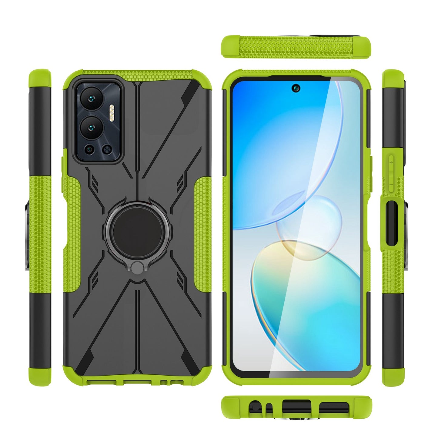 For Infinix Hot 12 4G Hard PC Soft TPU Impact-Resistant Cover Ring Car Mount Kickstand Shockproof Protective Phone Case