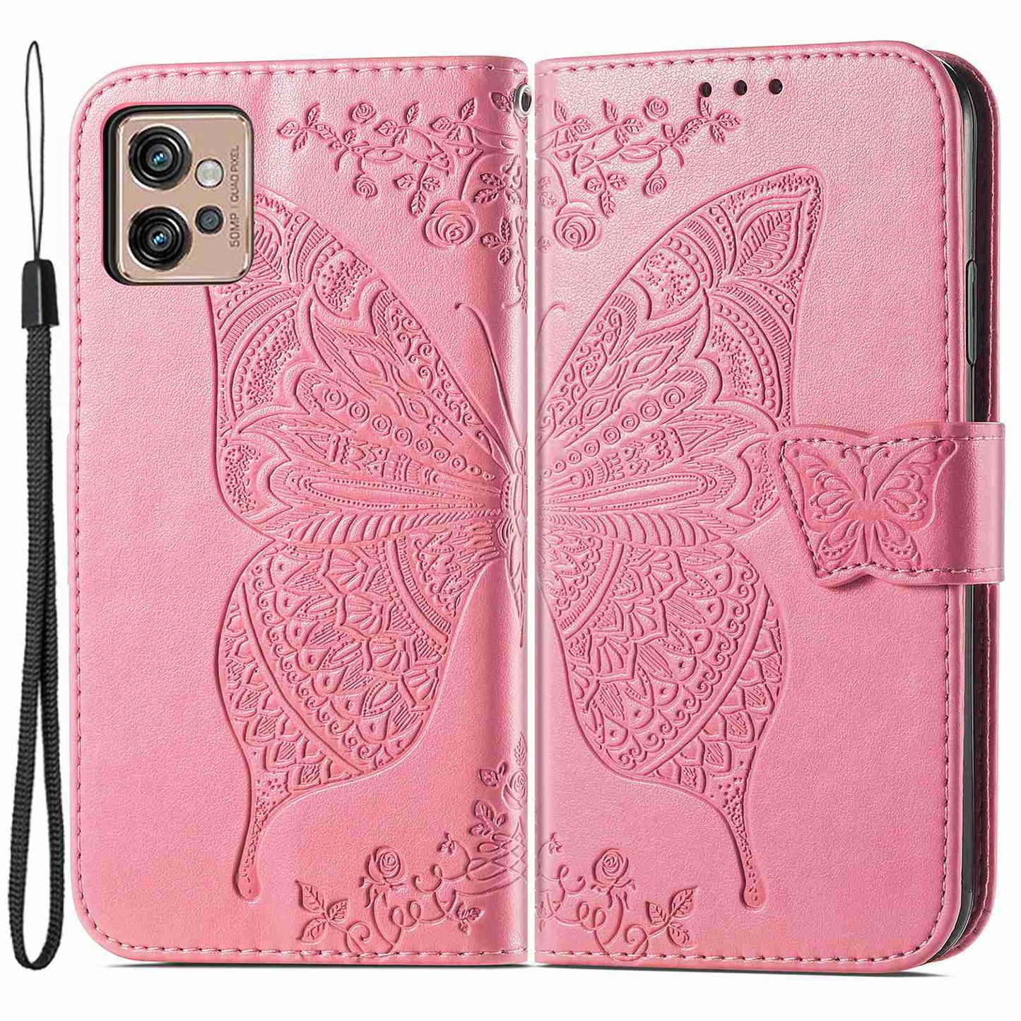 For Motorola Moto G32 4G Imprinted Butterfly Pattern PU Leather Stand Case Magnetic Clasp Phone Wallet Cover with Strap