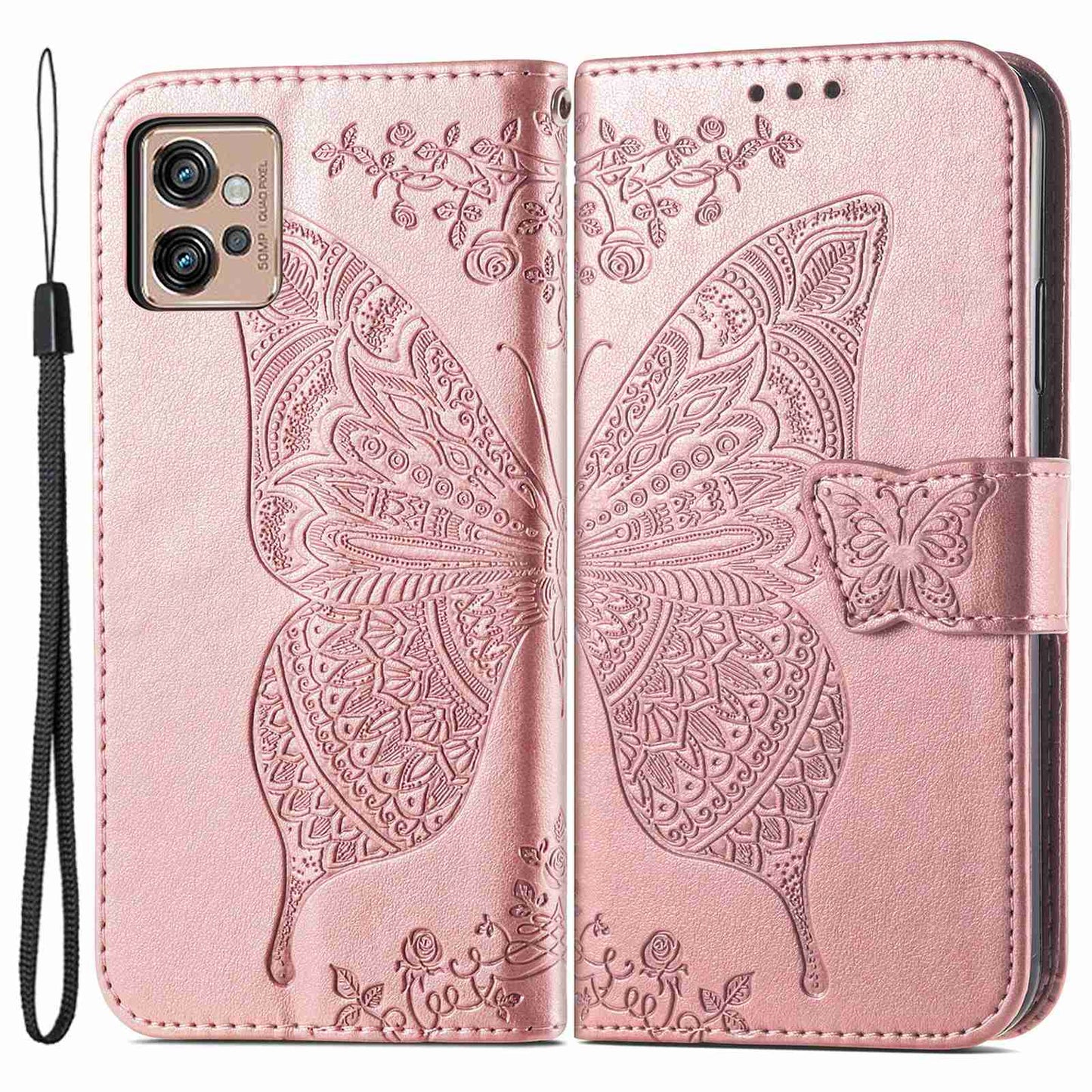 For Motorola Moto G32 4G Imprinted Butterfly Pattern PU Leather Stand Case Magnetic Clasp Phone Wallet Cover with Strap