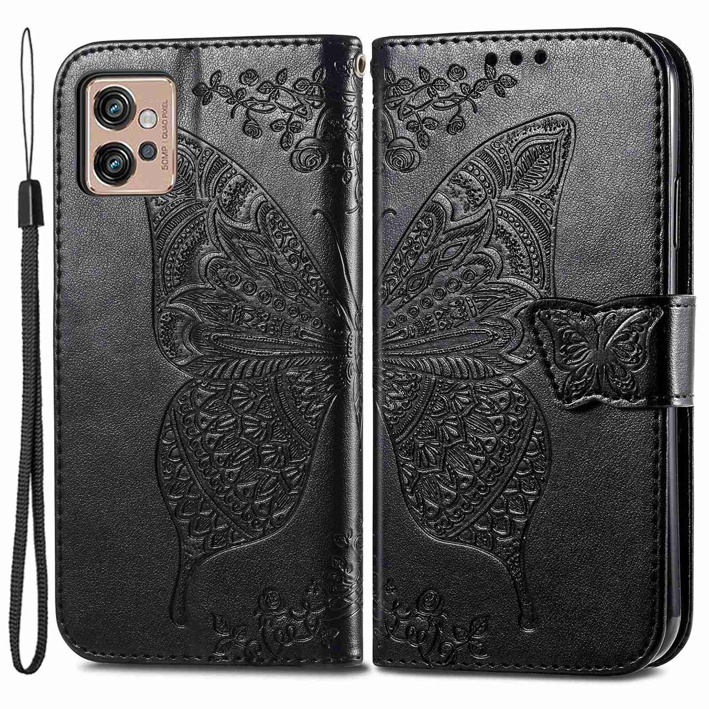 For Motorola Moto G32 4G Imprinted Butterfly Pattern PU Leather Stand Case Magnetic Clasp Phone Wallet Cover with Strap
