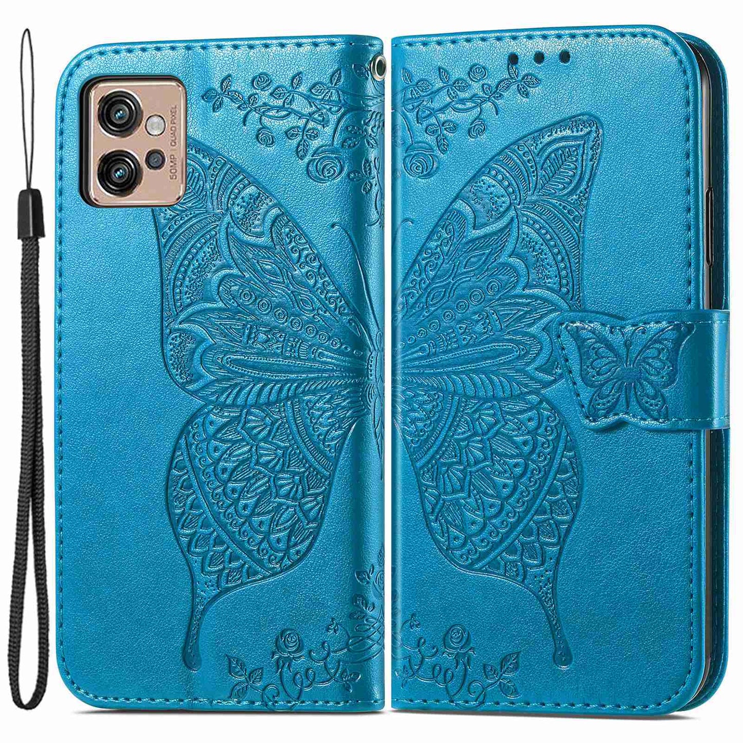 For Motorola Moto G32 4G Imprinted Butterfly Pattern PU Leather Stand Case Magnetic Clasp Phone Wallet Cover with Strap