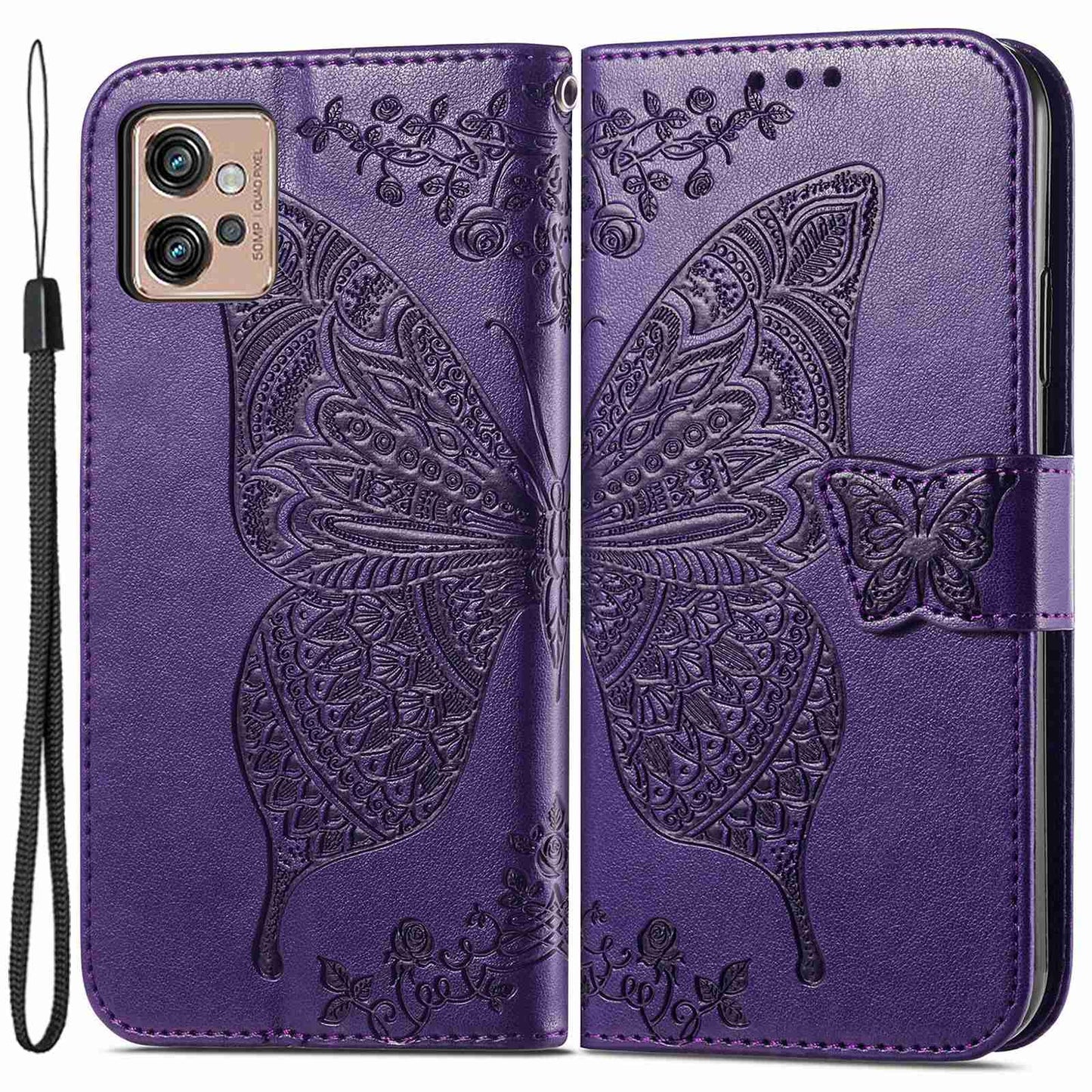 For Motorola Moto G32 4G Imprinted Butterfly Pattern PU Leather Stand Case Magnetic Clasp Phone Wallet Cover with Strap