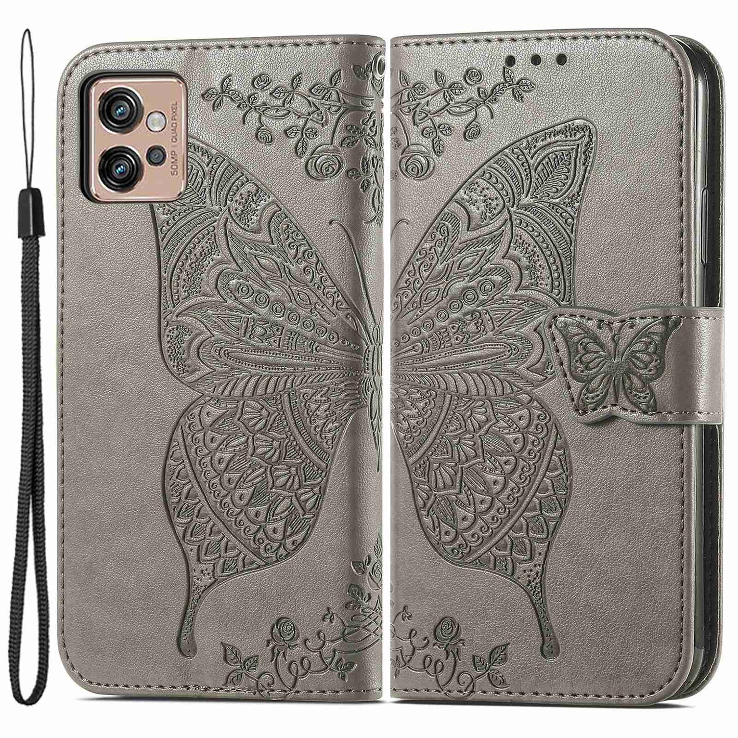 For Motorola Moto G32 4G Imprinted Butterfly Pattern PU Leather Stand Case Magnetic Clasp Phone Wallet Cover with Strap