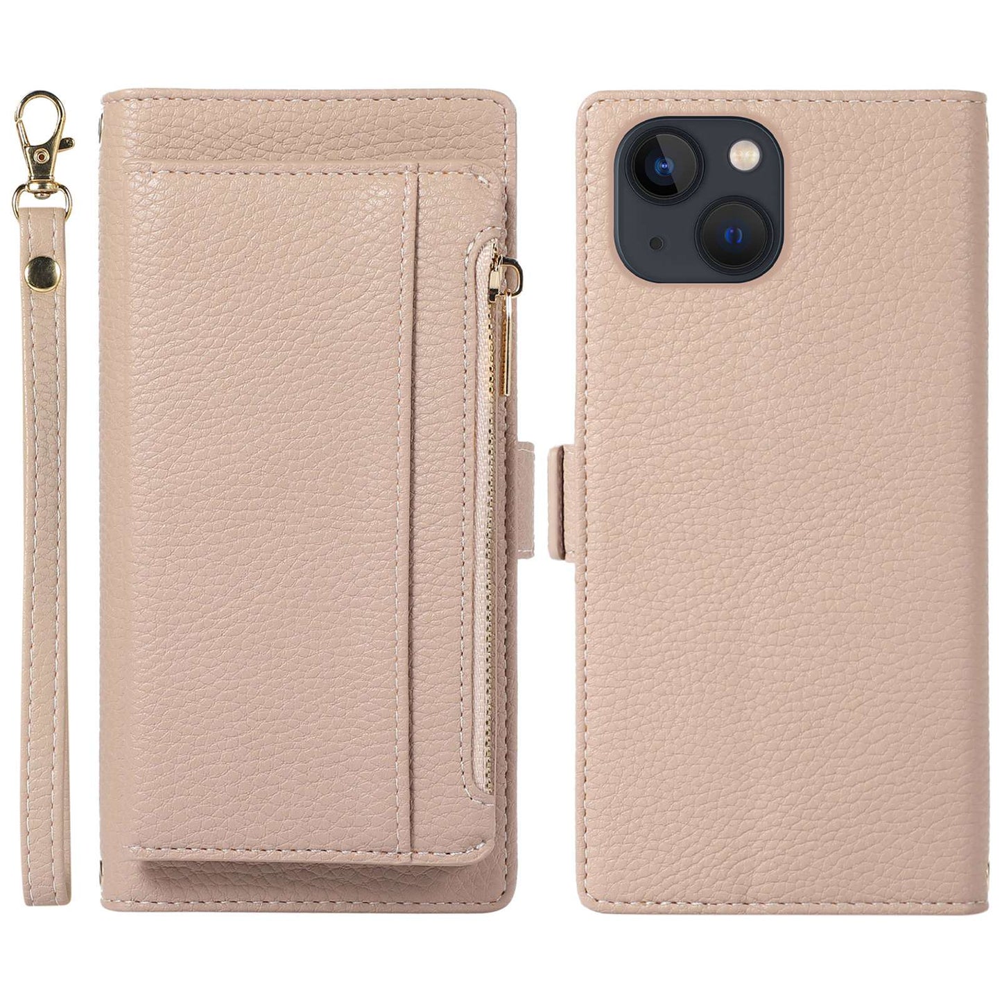2 in 1 Magnetic Litchi Textured Phone Case For iPhone 13 6.1 inch, Full Protection PU Leather Phone Cover with Stand Zippered Pocket Wallet and Strap