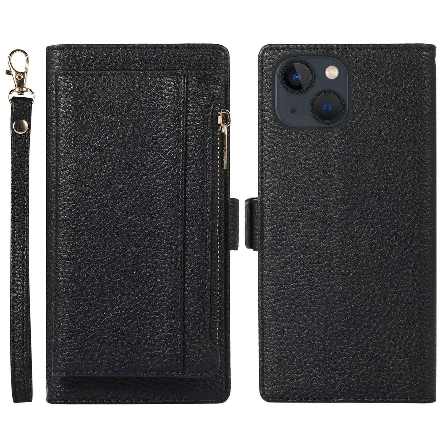 2 in 1 Magnetic Litchi Textured Phone Case For iPhone 13 6.1 inch, Full Protection PU Leather Phone Cover with Stand Zippered Pocket Wallet and Strap
