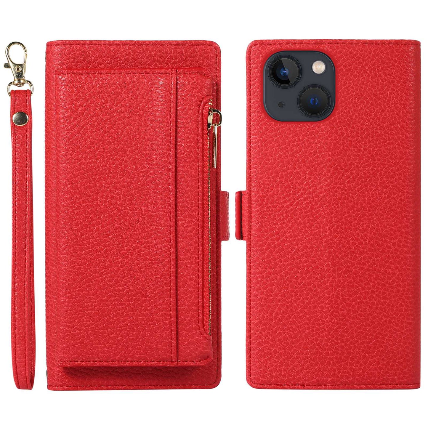 2 in 1 Magnetic Litchi Textured Phone Case For iPhone 13 6.1 inch, Full Protection PU Leather Phone Cover with Stand Zippered Pocket Wallet and Strap