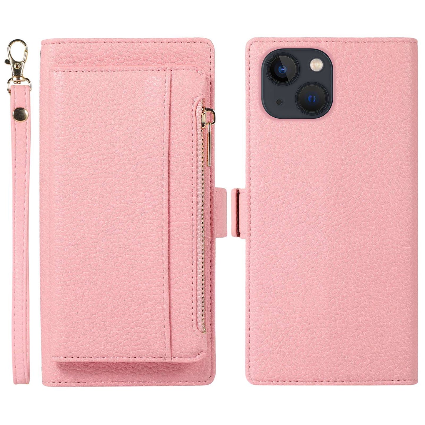 2 in 1 Magnetic Litchi Textured Phone Case For iPhone 13 6.1 inch, Full Protection PU Leather Phone Cover with Stand Zippered Pocket Wallet and Strap