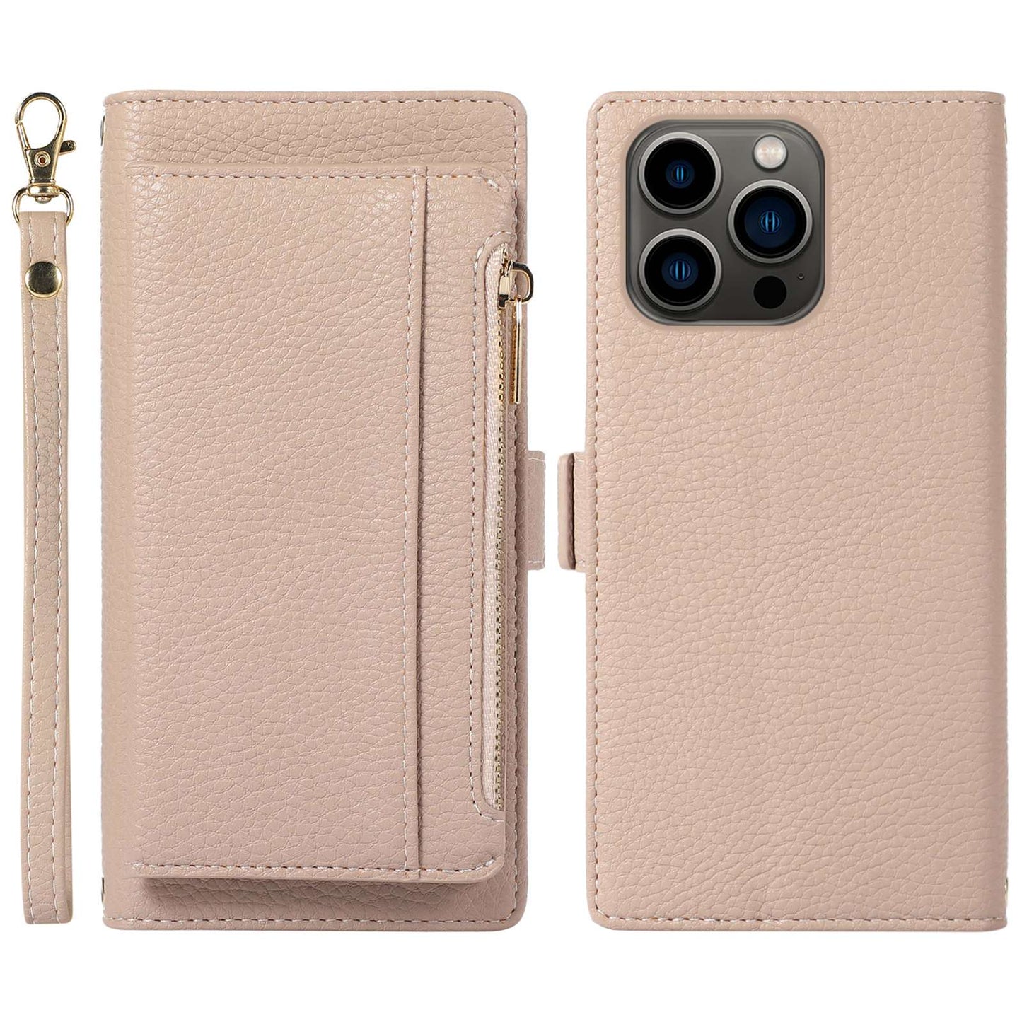 2 in 1 Magnetic Phone Case For iPhone 14 Pro, Zippered Pocket Wallet Litchi Textured PU Leather Shell with Stand Drop-proof Phone Cover