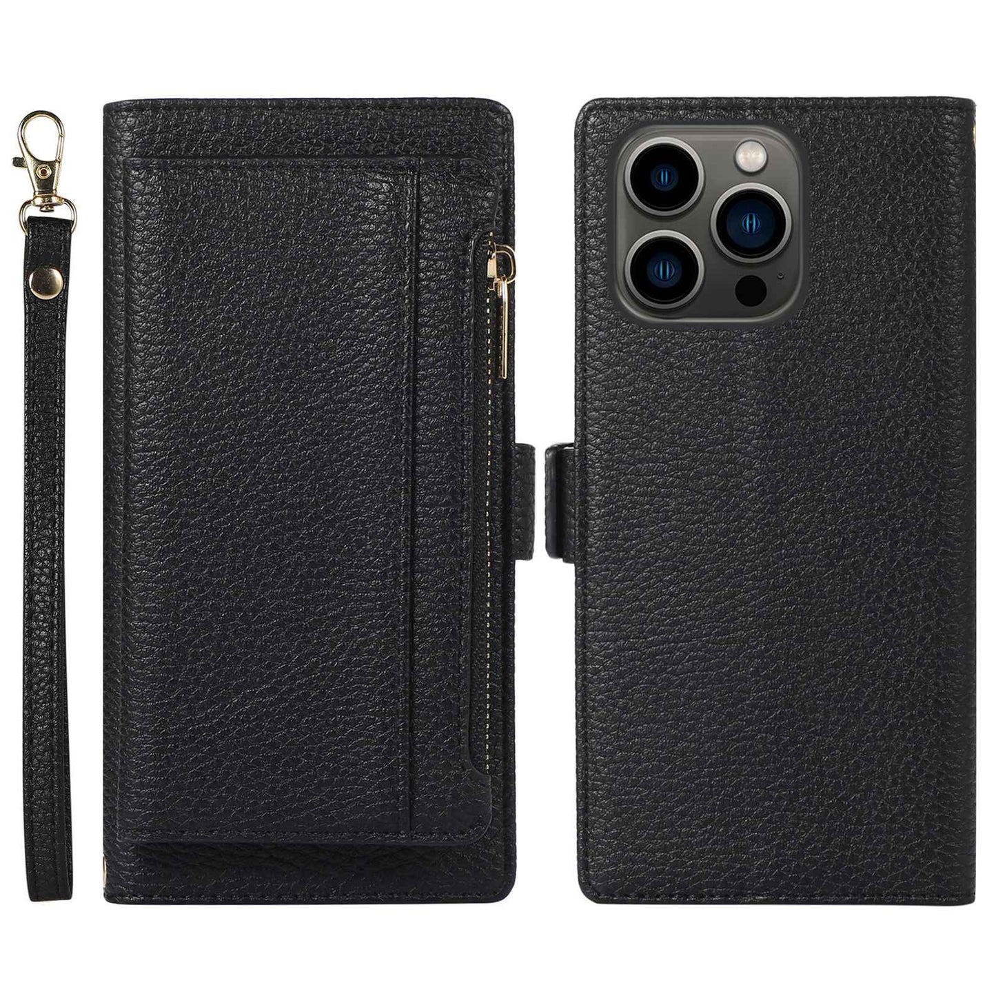 2 in 1 Magnetic Phone Case For iPhone 14 Pro, Zippered Pocket Wallet Litchi Textured PU Leather Shell with Stand Drop-proof Phone Cover