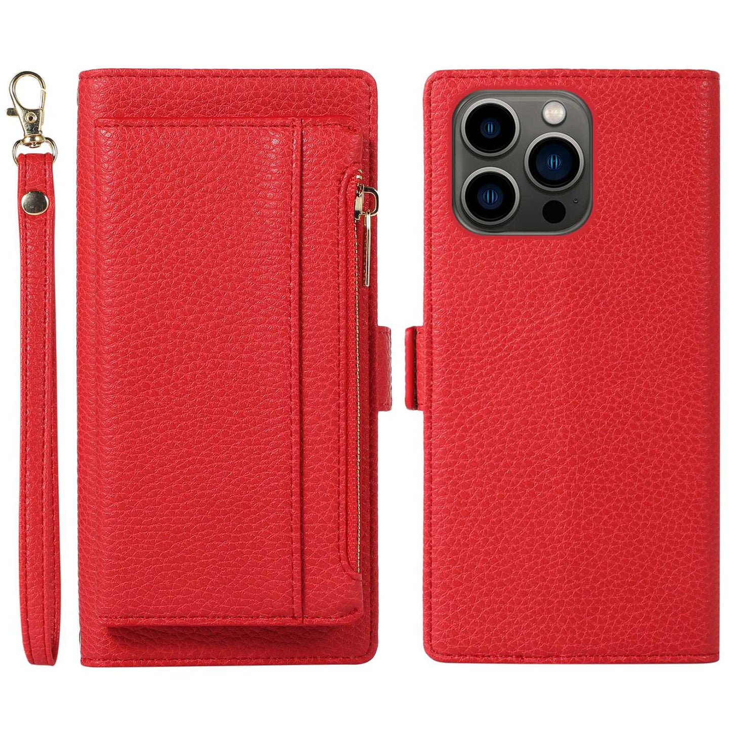 2 in 1 Magnetic Phone Case For iPhone 14 Pro, Zippered Pocket Wallet Litchi Textured PU Leather Shell with Stand Drop-proof Phone Cover