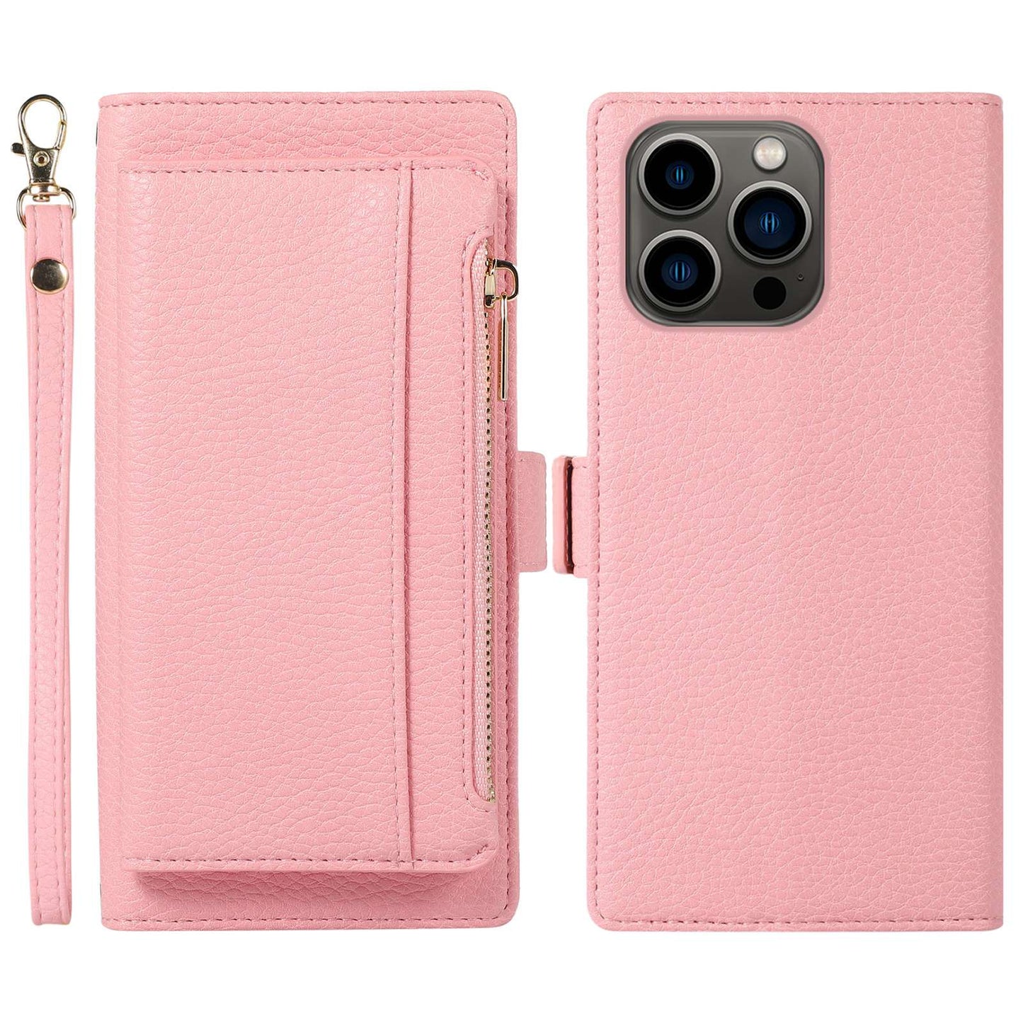 2 in 1 Magnetic Phone Case For iPhone 14 Pro, Zippered Pocket Wallet Litchi Textured PU Leather Shell with Stand Drop-proof Phone Cover