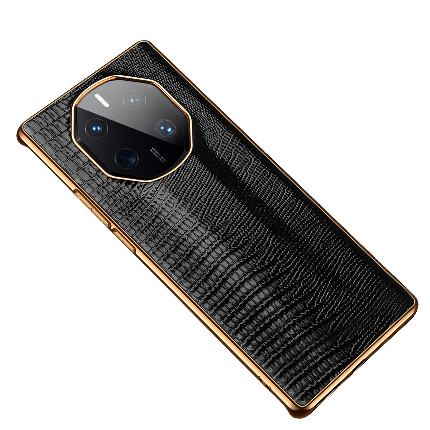 For Huawei Mate 50 RS Porsche Design 4G Lizard Texture Electroplating Phone Case Cowhide Genuine Leather Coated TPU Anti-Scratch Cover