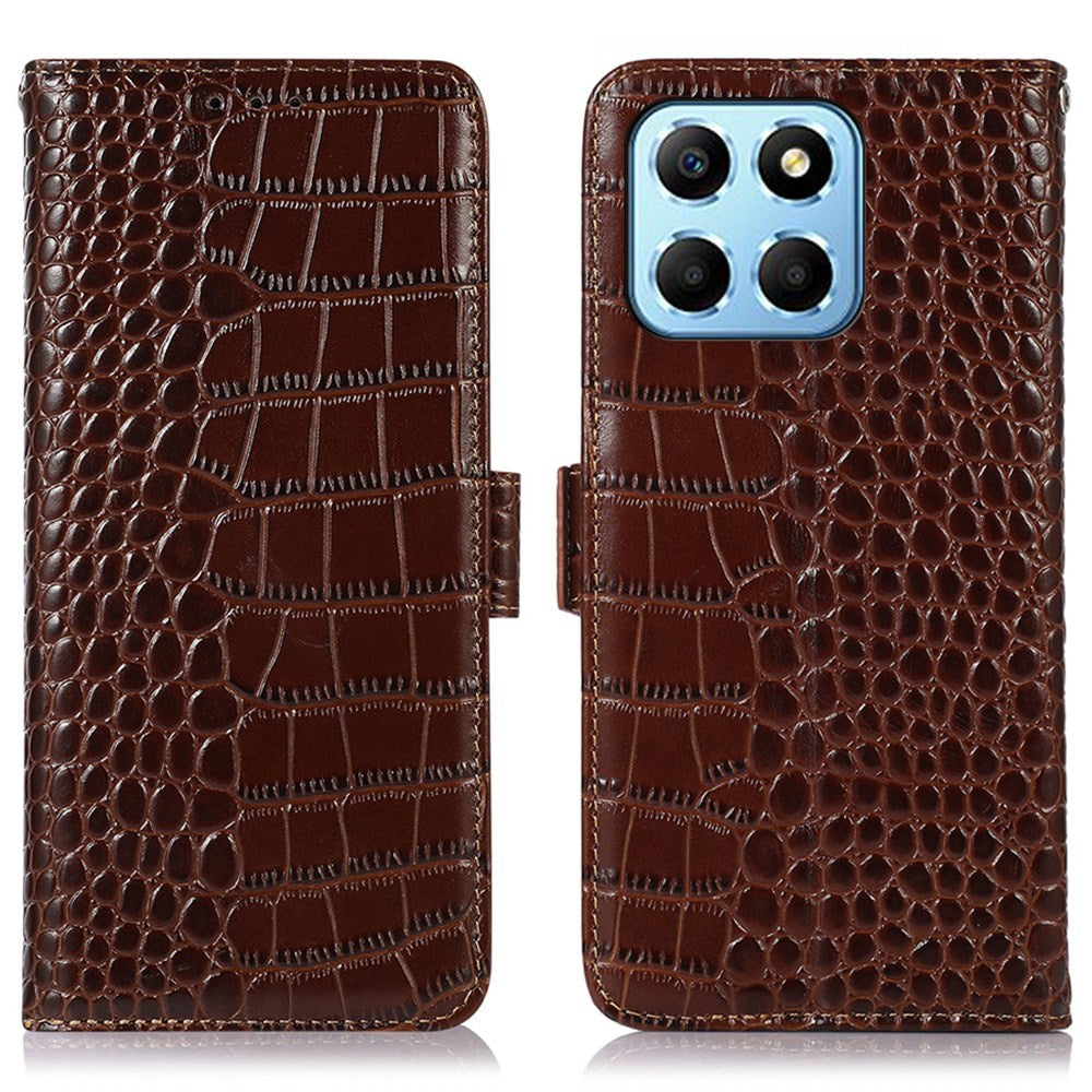 For Honor X8 5G RFID Blocking Wallet Phone Case Crocodile Texture Genuine Cowhide Leather Stand Magnetic Protect Flip Cover
