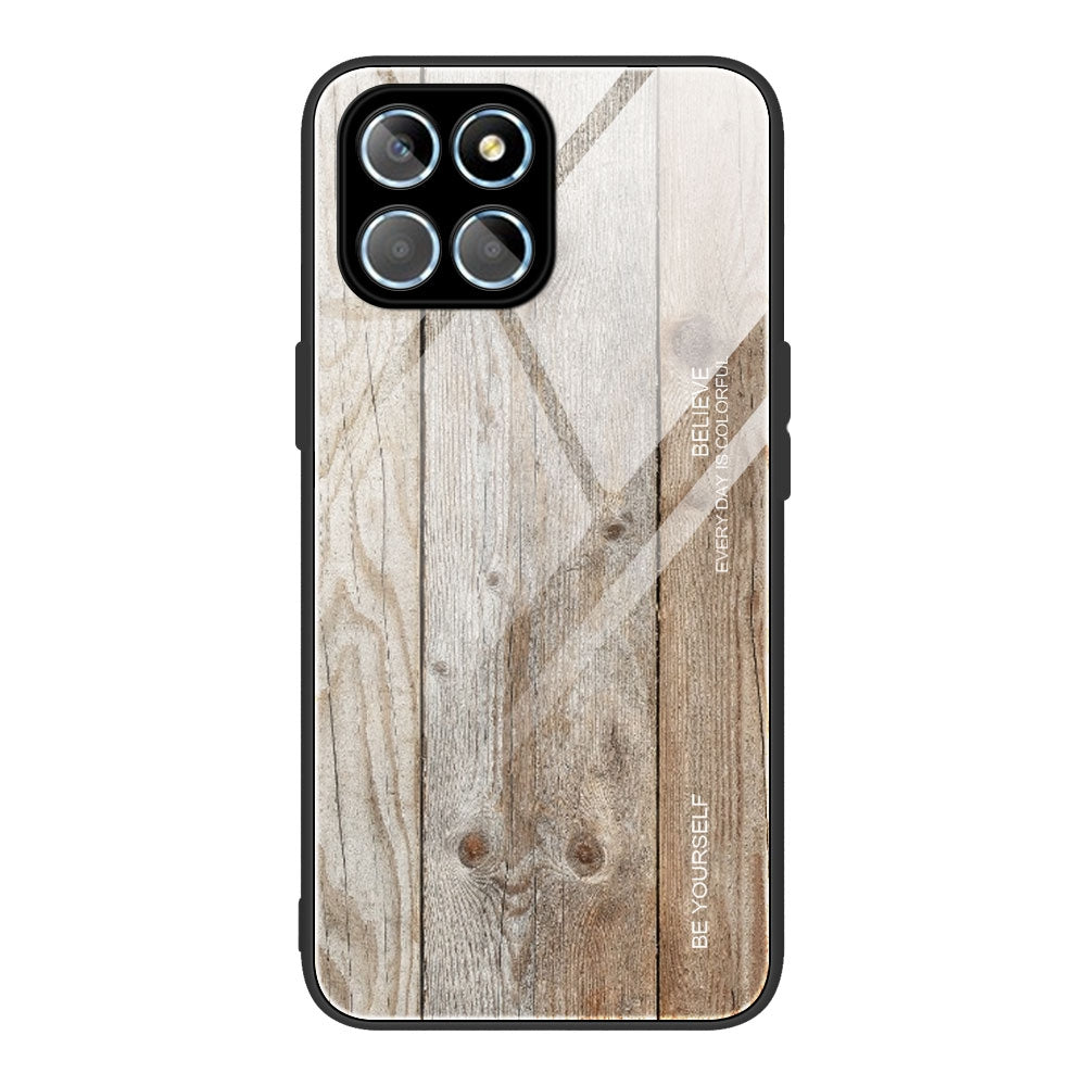For Honor X8 5G Tempered Glass Shell Phone Case Wooden Pattern TPU Frame Shock Absorption Cover