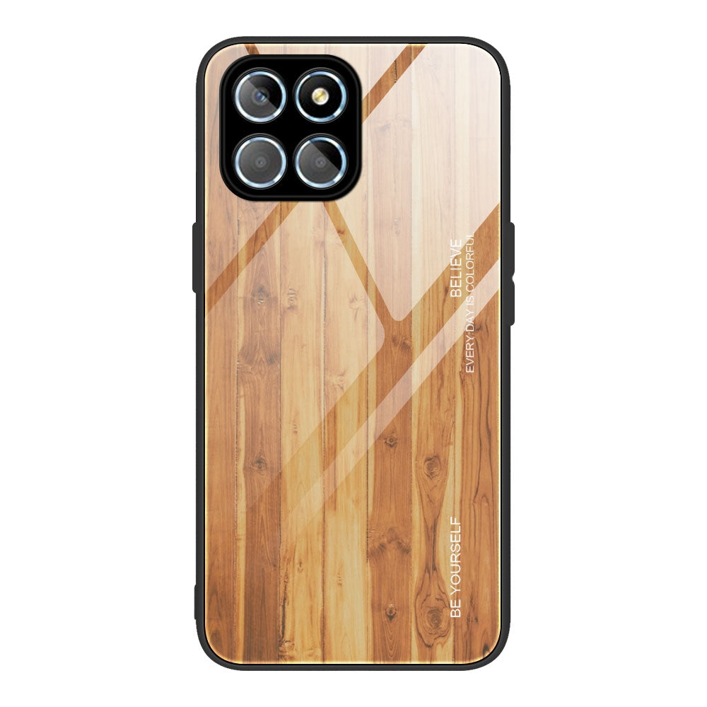 For Honor X8 5G Tempered Glass Shell Phone Case Wooden Pattern TPU Frame Shock Absorption Cover