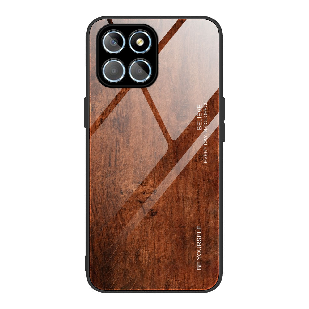 For Honor X8 5G Tempered Glass Shell Phone Case Wooden Pattern TPU Frame Shock Absorption Cover