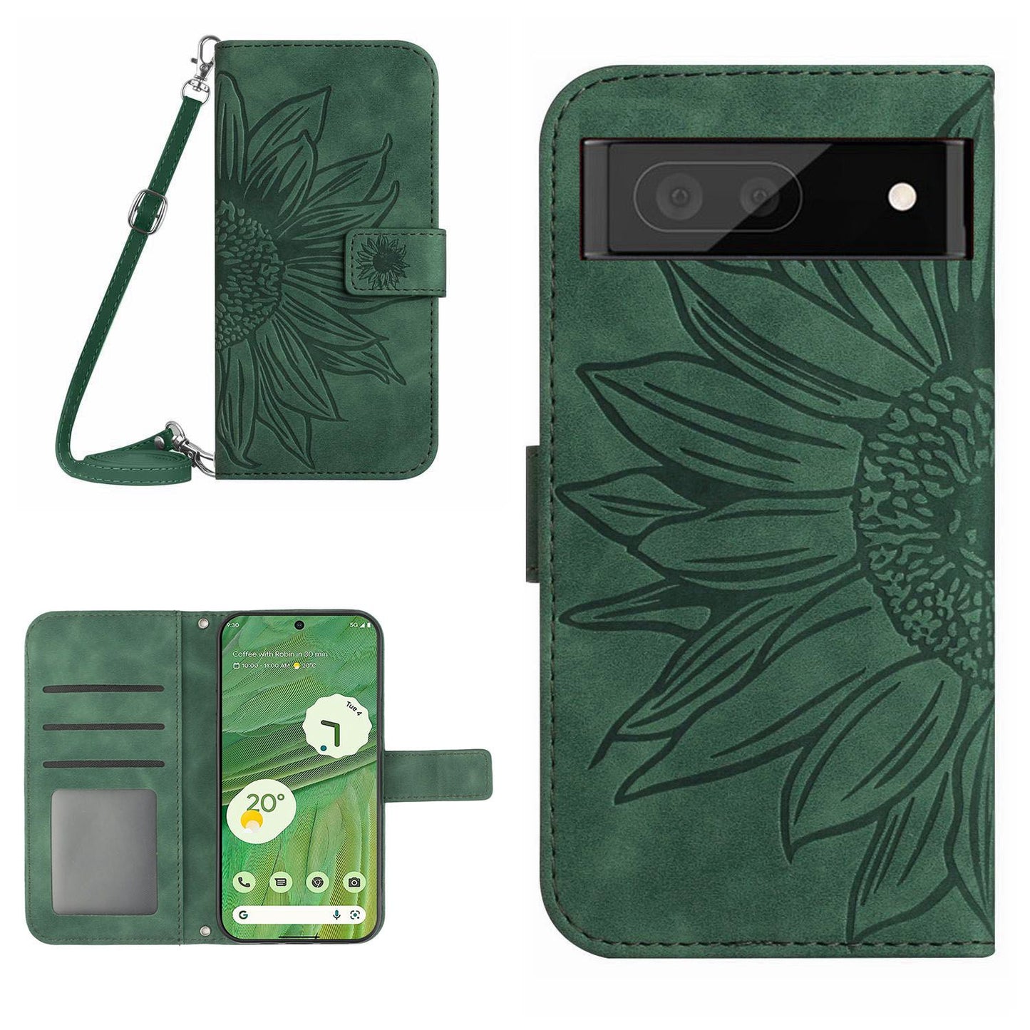 HT04 Skin-friendly Phone Case For Google Pixel 7 5G, Wallet Stand Imprinted Sunflower Shockproof Cell Phone Cover with Shoulder Strap